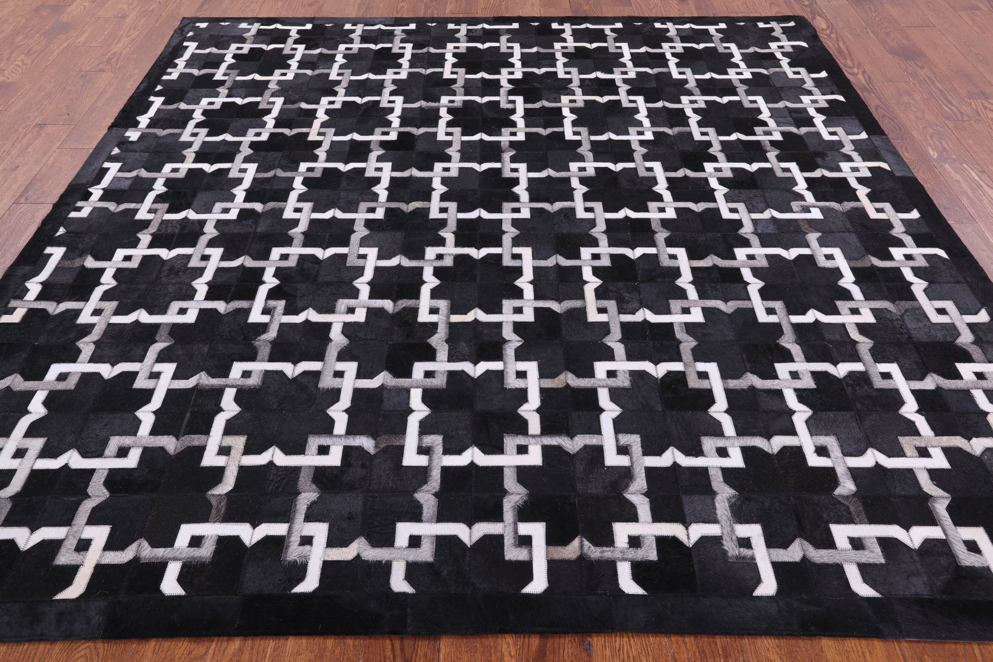 Black Square Natural Cowhide Hand Stitched Patchwork Rug - 8' 0" X 8' 0" - Golden Nile