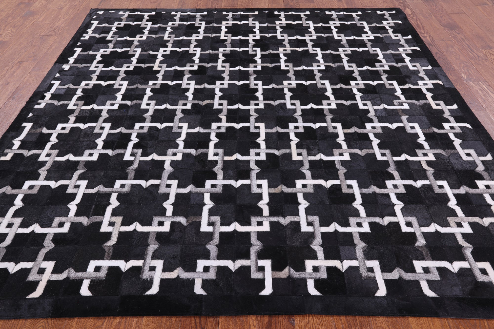 Black Square Natural Cowhide Hand Stitched Patchwork Rug - 8' 0" X 8' 0" - Golden Nile