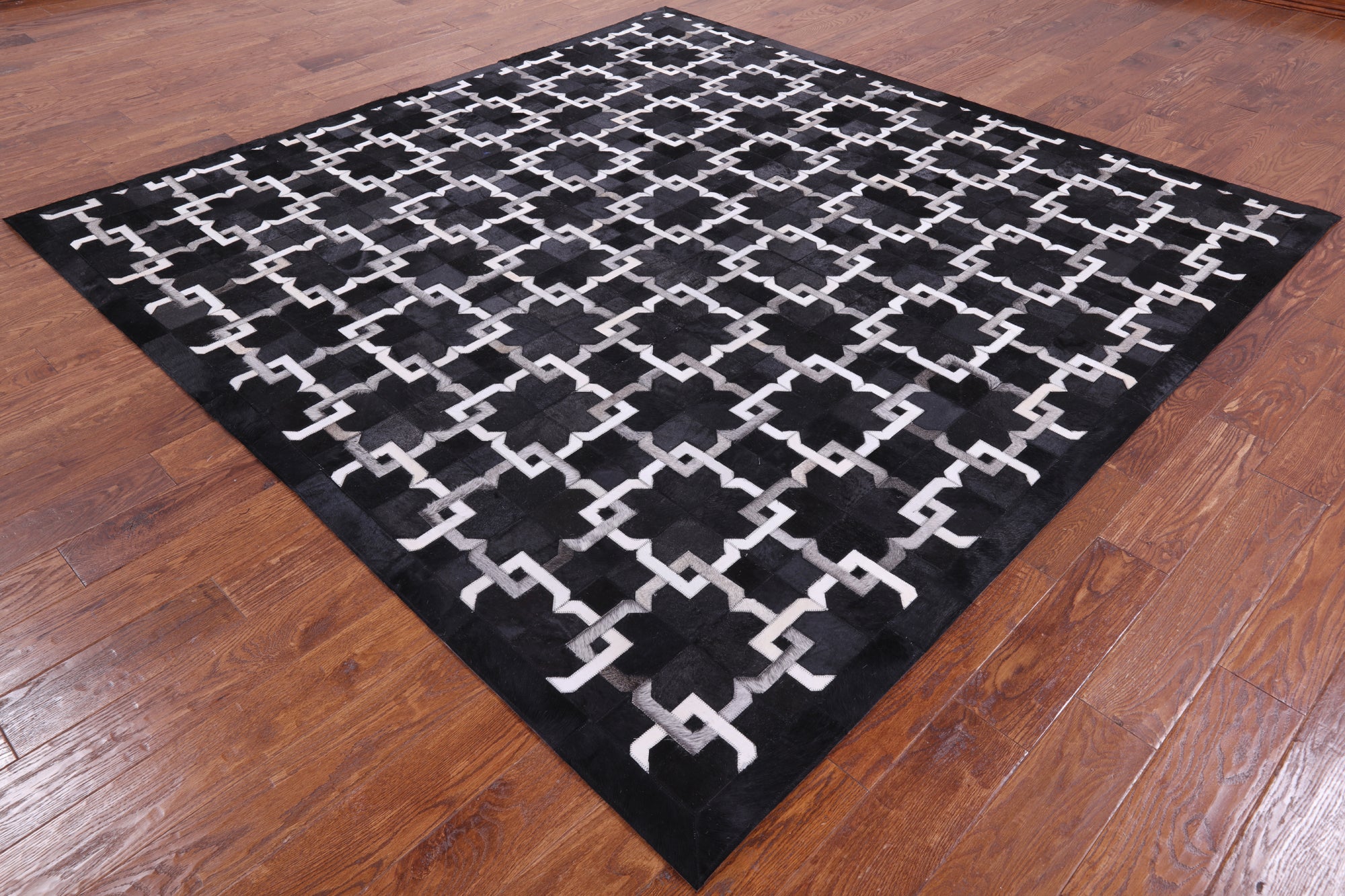 Black Square Natural Cowhide Hand Stitched Patchwork Rug - 8' 0" X 8' 0" - Golden Nile