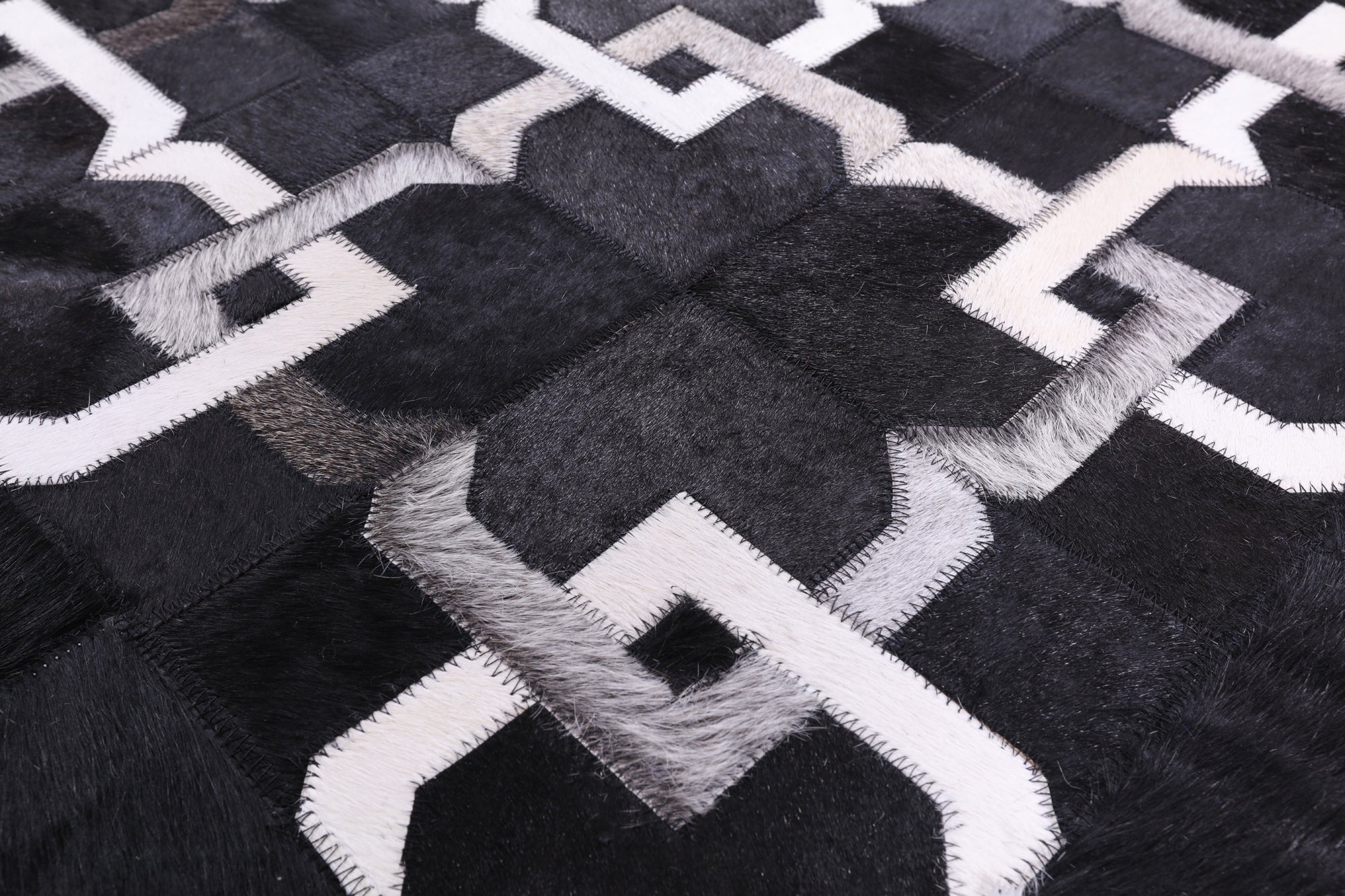 Black Square Natural Cowhide Hand Stitched Patchwork Rug - 8' 0" X 8' 0" - Golden Nile