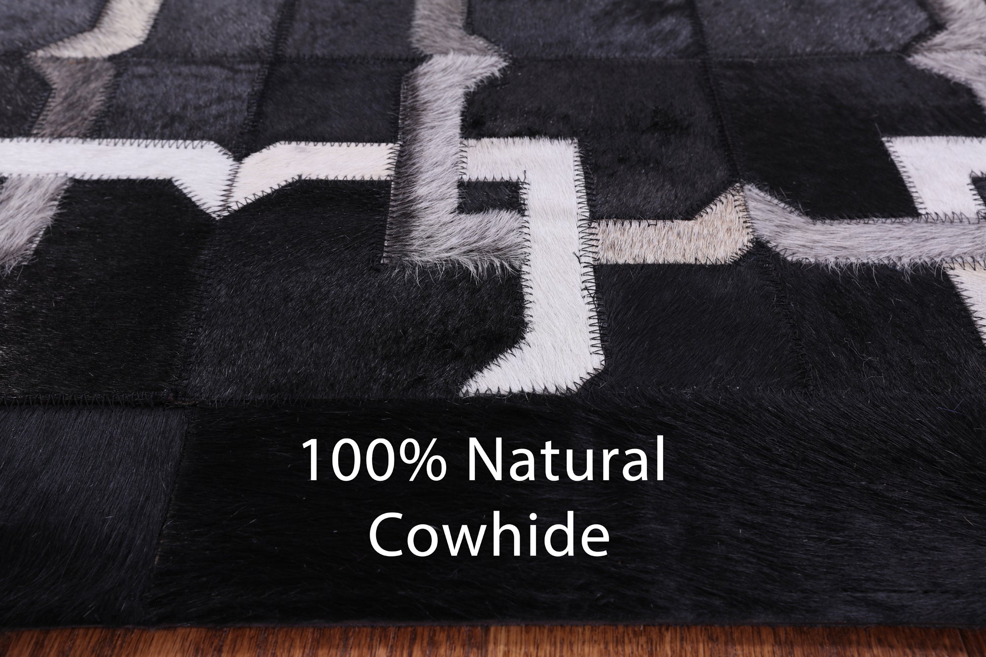 Black Square Natural Cowhide Hand Stitched Patchwork Rug - 8' 0" X 8' 0" - Golden Nile