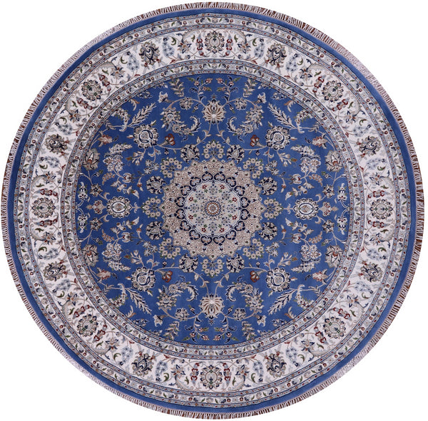 Round Persian Nain Hand Knotted Wool & Silk Area Rug - 9' 2" X 9' 2" - Golden Nile