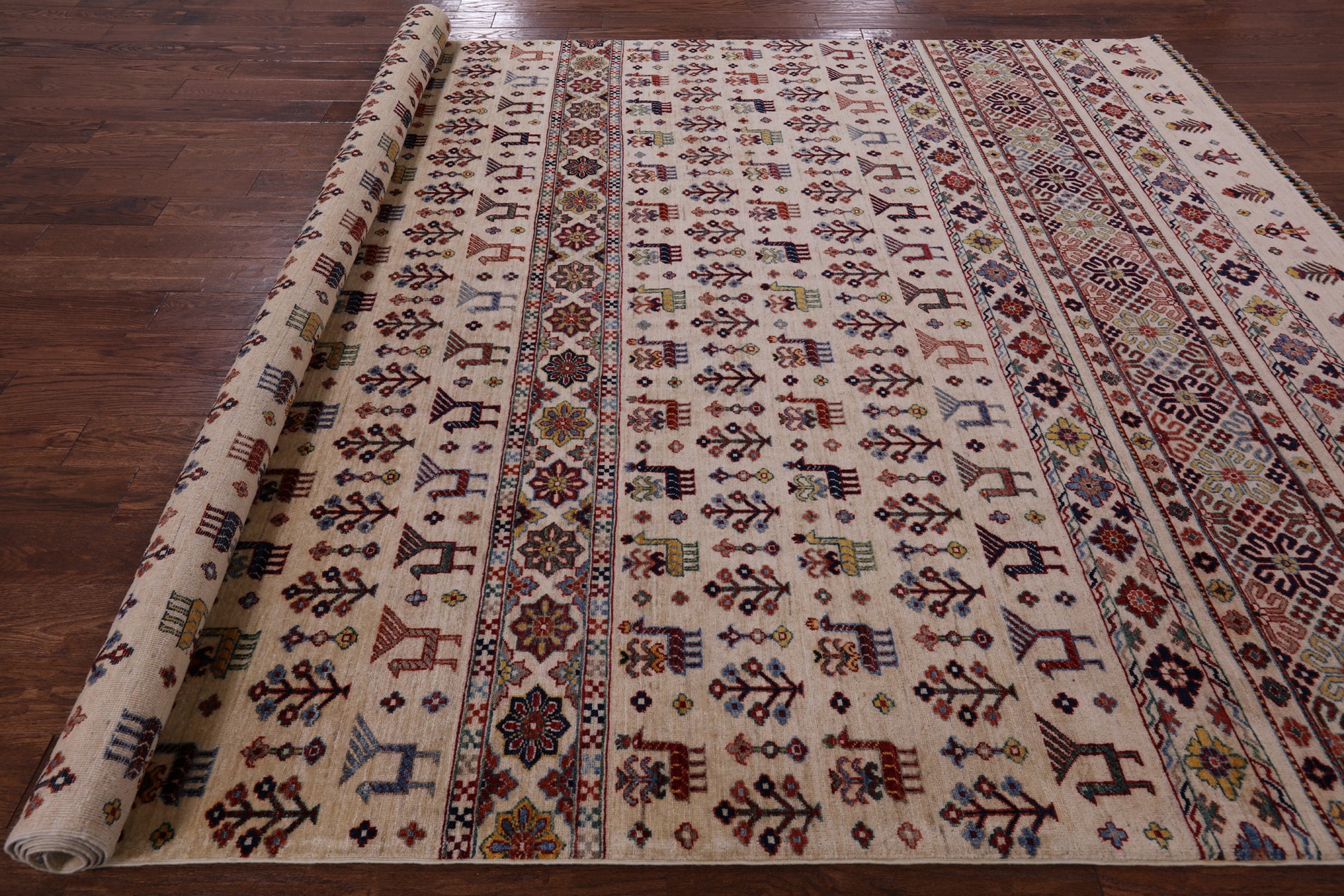 Ivory Tribal Gabbeh Hand Knotted Wool Area Rug - 8' 2" X 11' 10" - Golden Nile