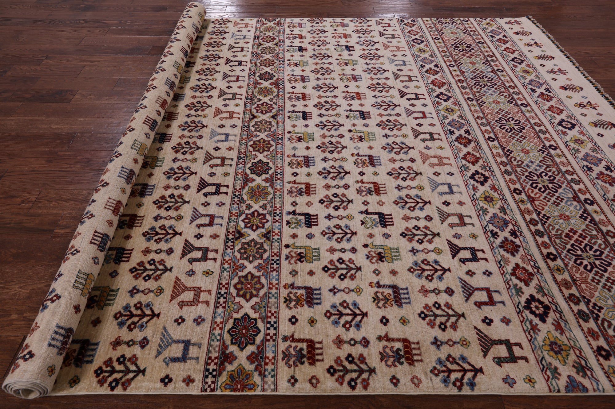 Ivory Tribal Gabbeh Hand Knotted Wool Area Rug - 8' 2" X 11' 10" - Golden Nile