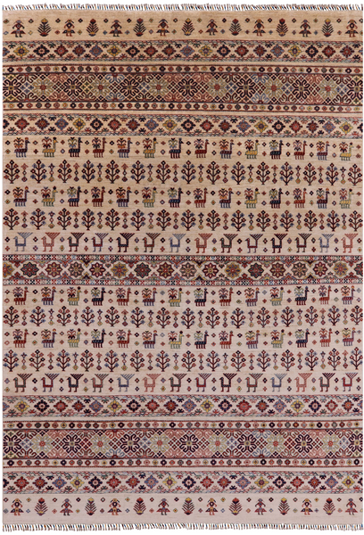 Ivory Tribal Gabbeh Hand Knotted Wool Area Rug - 8' 2" X 11' 10" - Golden Nile