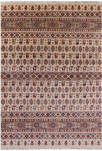Ivory Tribal Gabbeh Hand Knotted Wool Area Rug - 8' 2