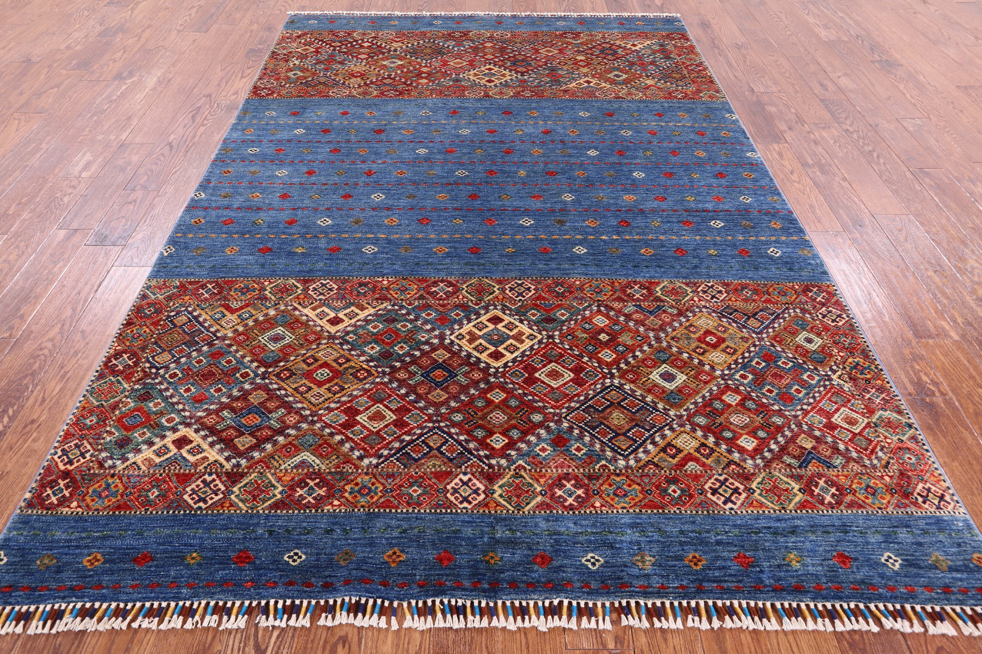 Blue Khorjin Persian Gabbeh Handmade Wool Rug - 6' 8" X 9' 9" - Golden Nile