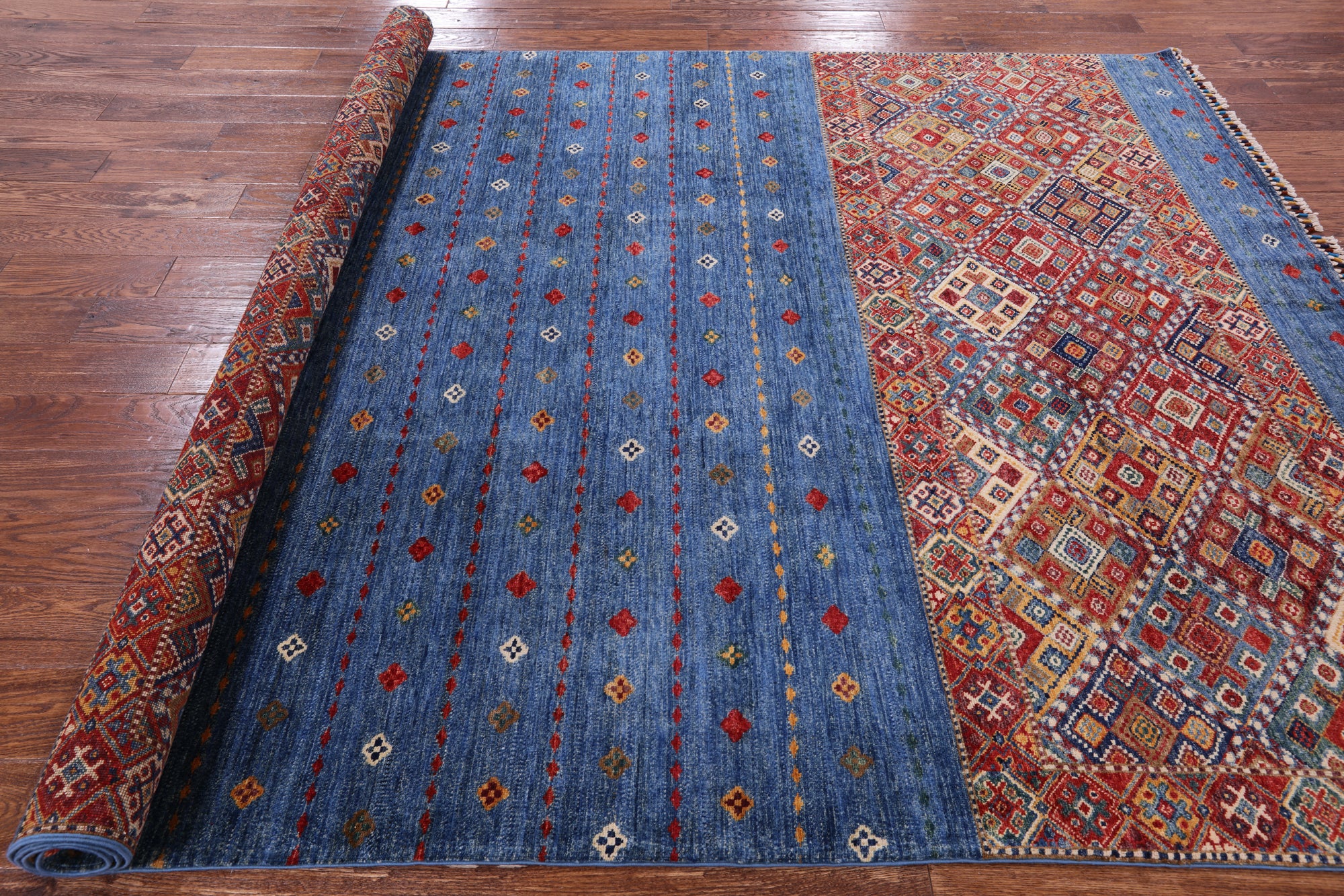 Blue Khorjin Persian Gabbeh Handmade Wool Rug - 6' 8" X 9' 9" - Golden Nile