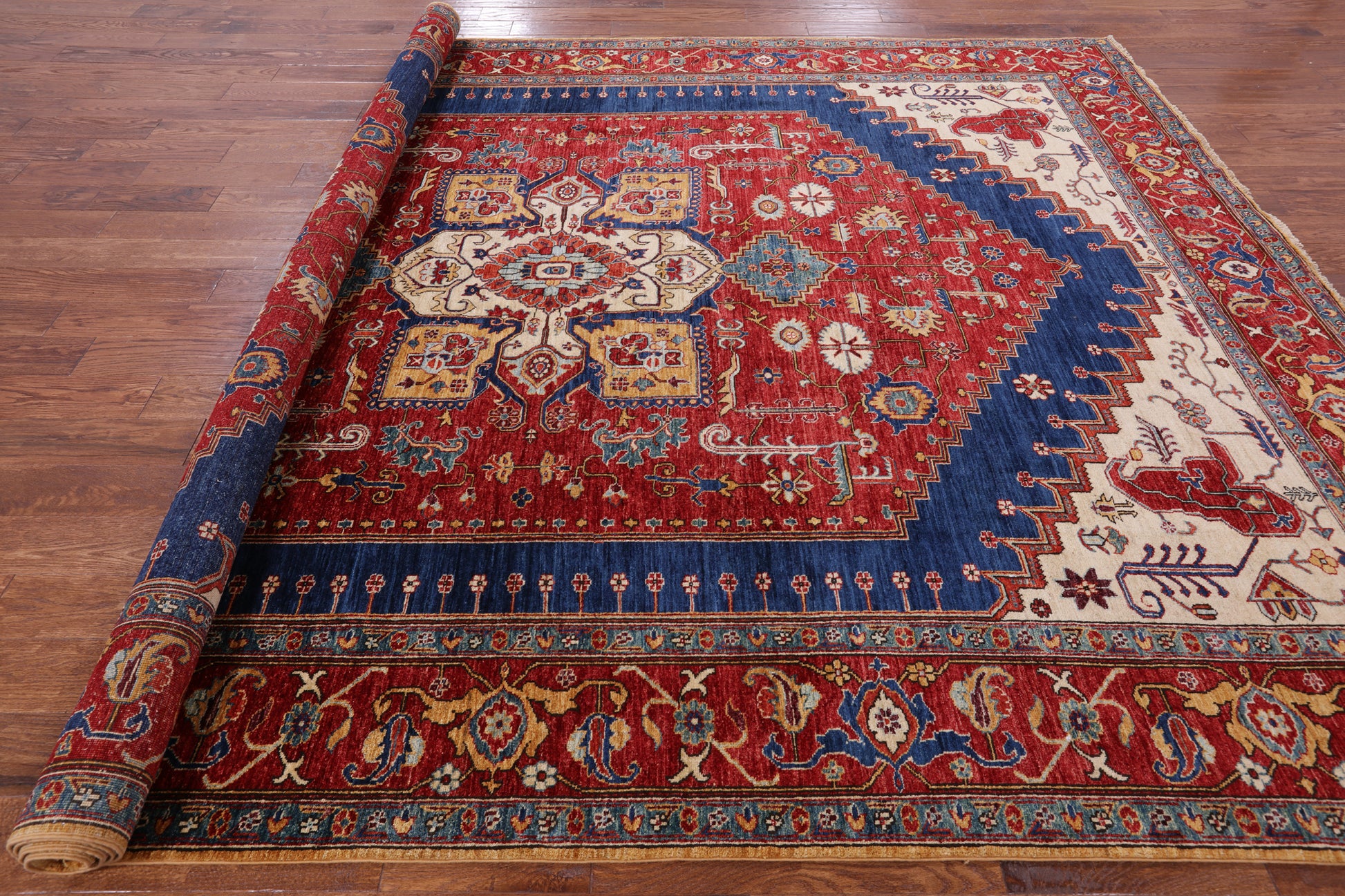 Red Persian Fine Serapi Hand Knotted Wool Area Rug - 8' 11" X 12' 1" - Golden Nile
