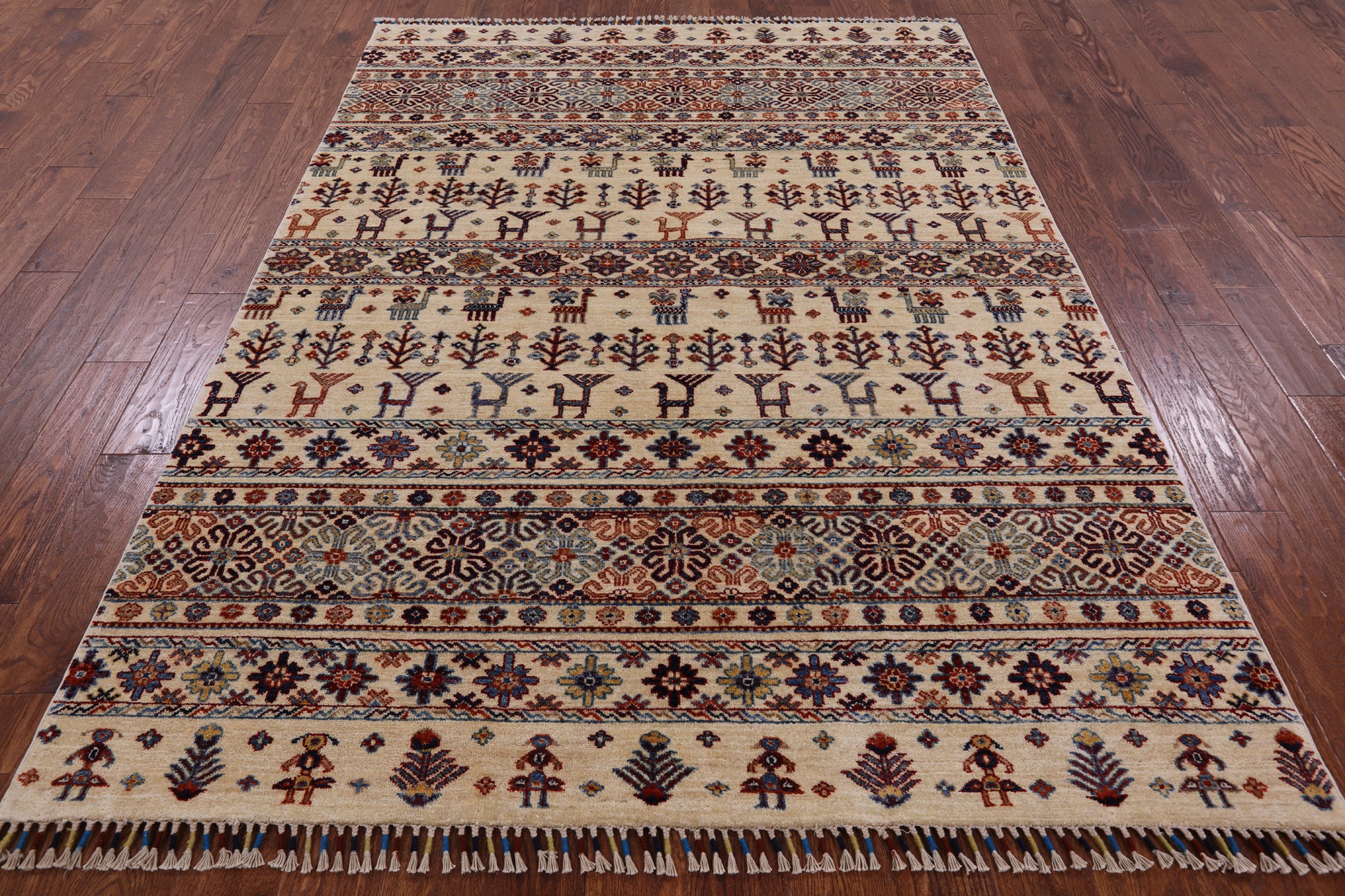 Ivory Tribal Gabbeh Handmade Wool Area Rug - 5' 9" X 8' 0" - Golden Nile
