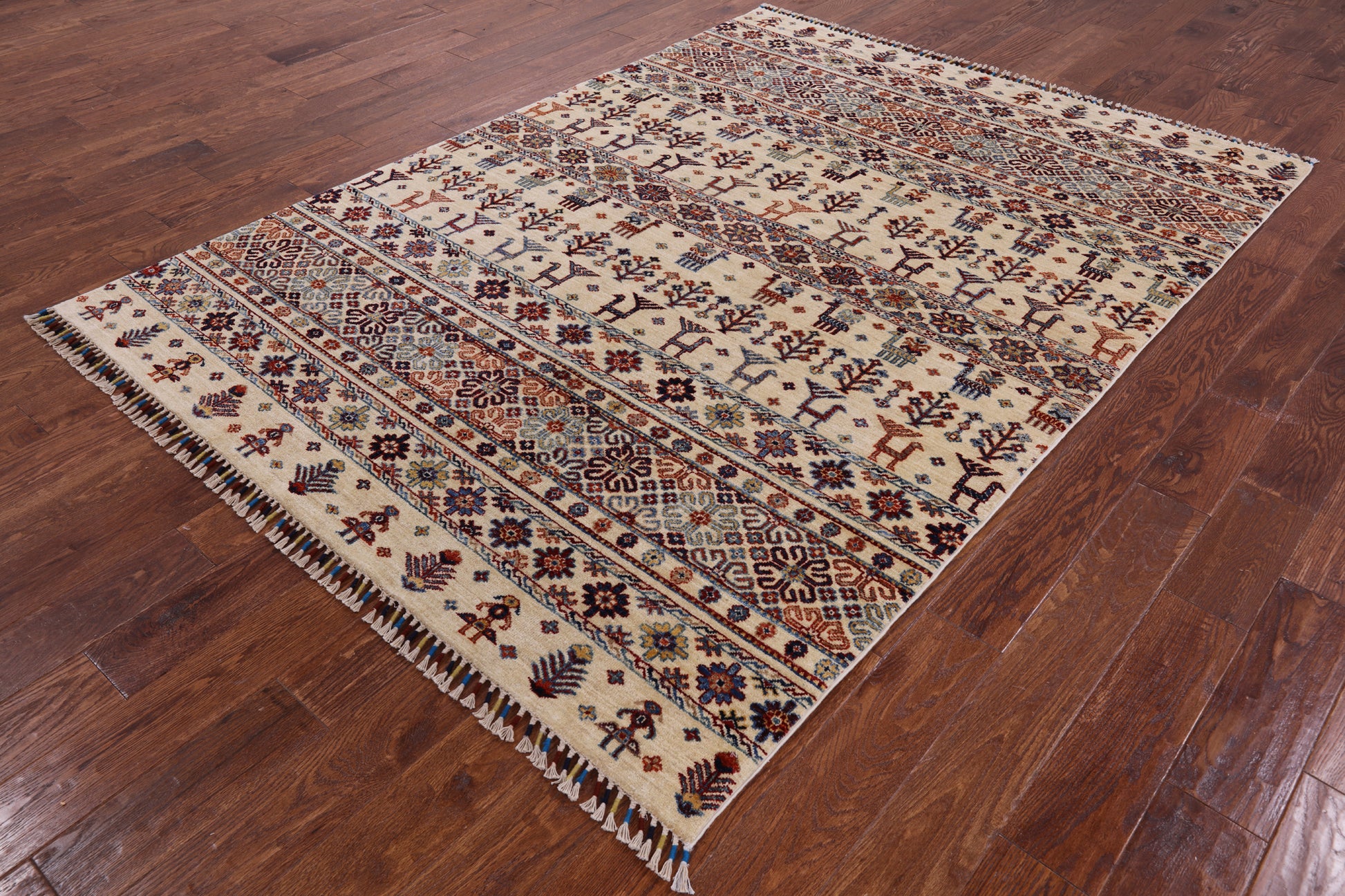 Ivory Tribal Gabbeh Handmade Wool Area Rug - 5' 9" X 8' 0" - Golden Nile