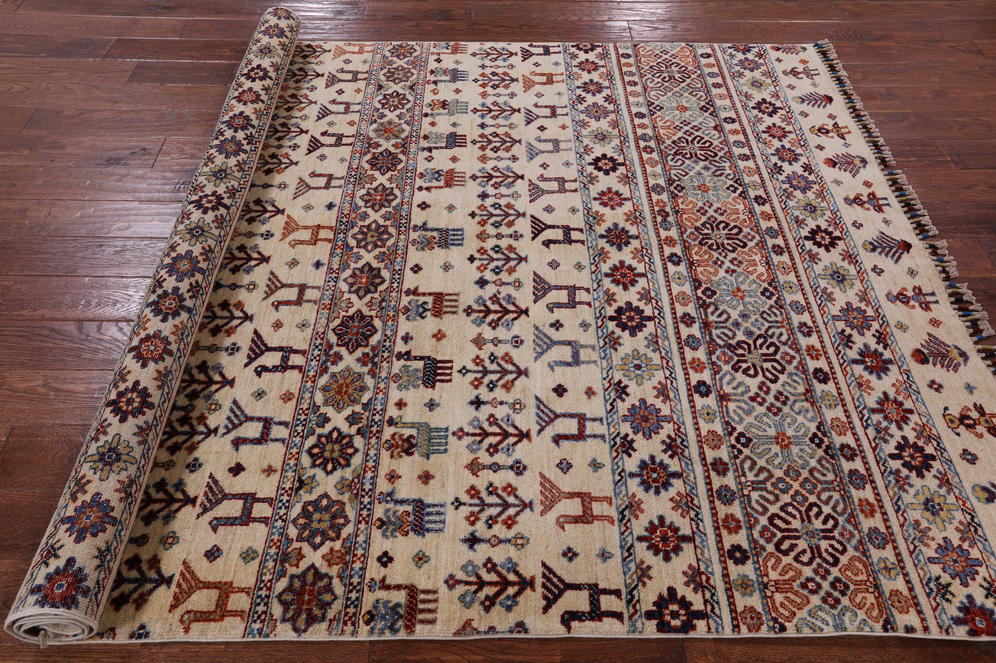 Ivory Tribal Gabbeh Handmade Wool Area Rug - 5' 9" X 8' 0" - Golden Nile