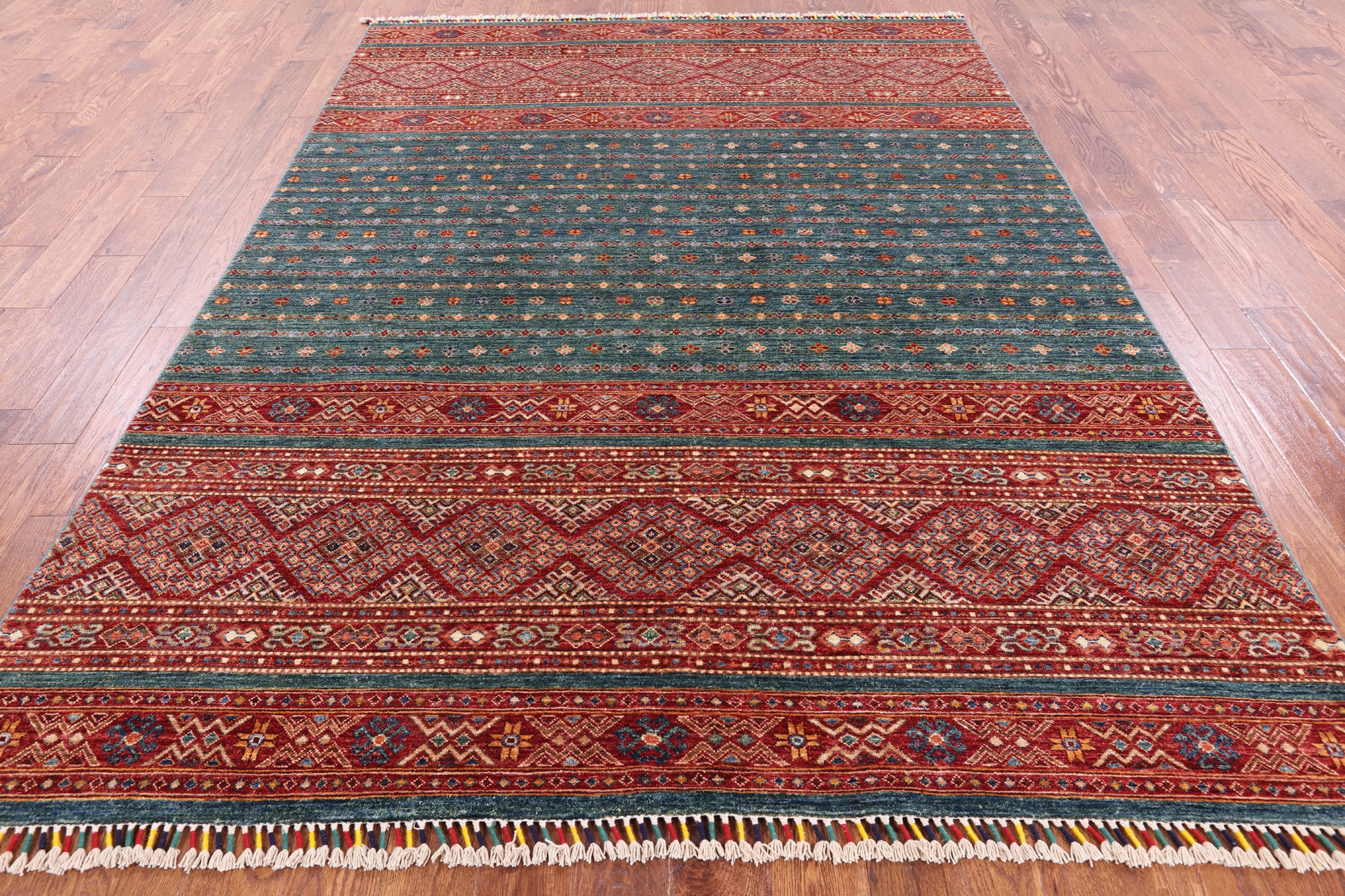 Green Khorjin Persian Gabbeh Hand Knotted Wool Rug - 6' 11" X 9' 6" - Golden Nile