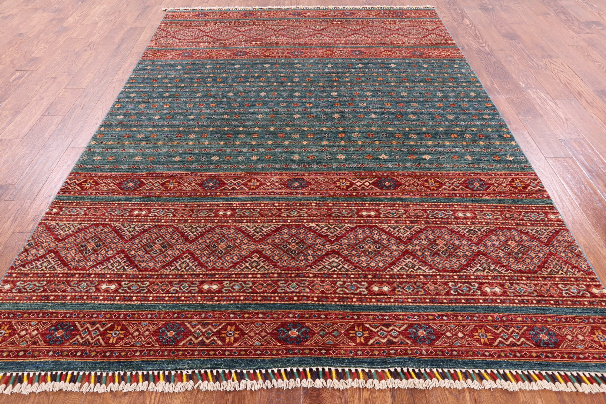 Green Khorjin Persian Gabbeh Hand Knotted Wool Rug - 6' 11" X 9' 6" - Golden Nile