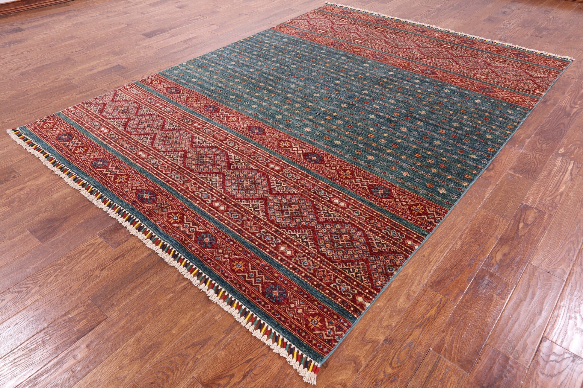 Green Khorjin Persian Gabbeh Hand Knotted Wool Rug - 6' 11" X 9' 6" - Golden Nile