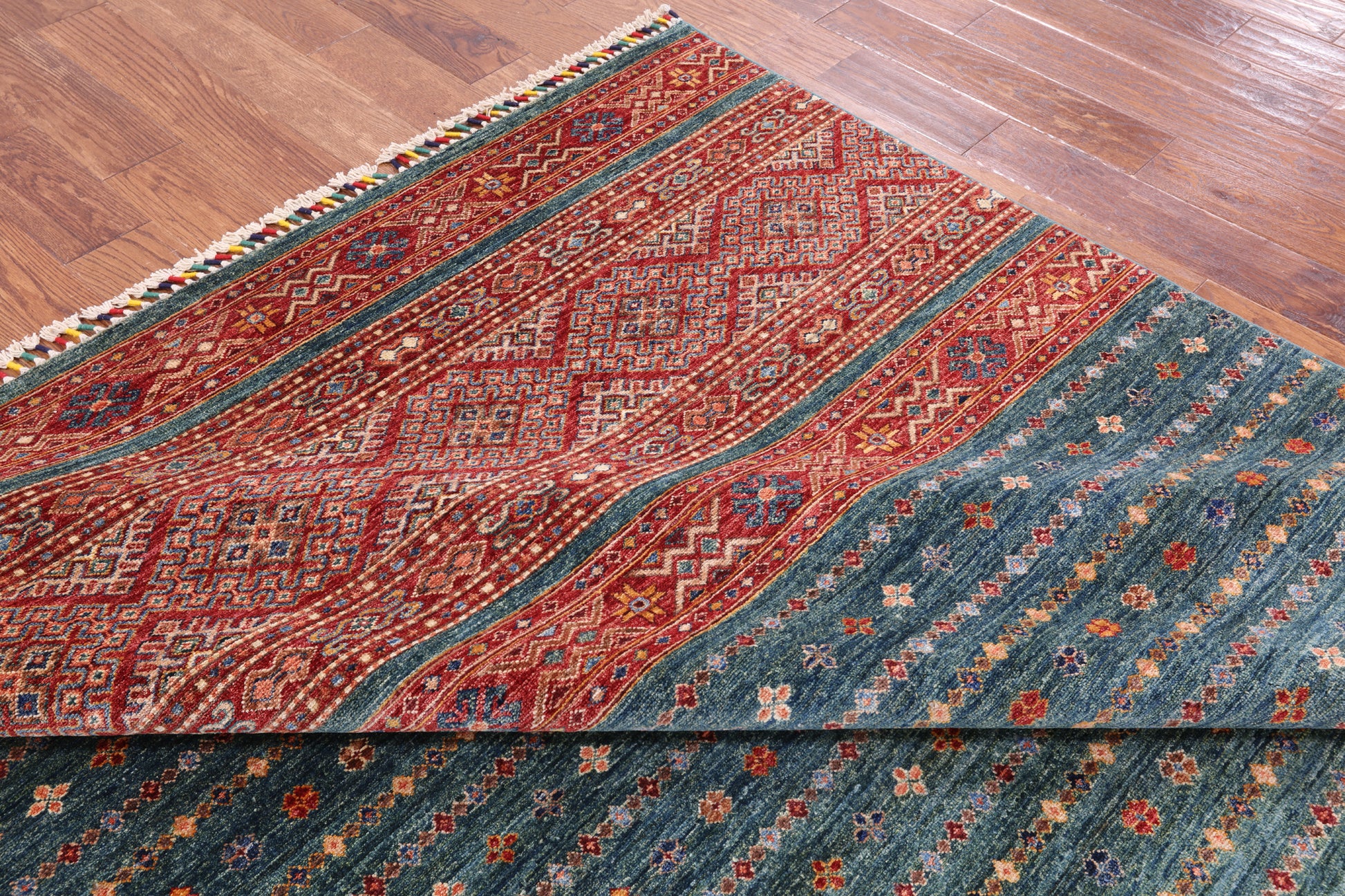 Green Khorjin Persian Gabbeh Hand Knotted Wool Rug - 6' 11" X 9' 6" - Golden Nile