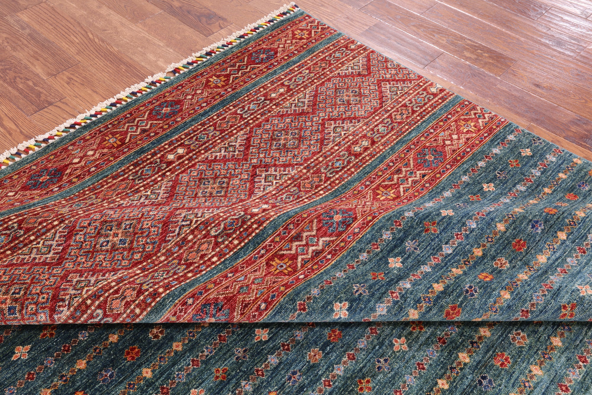 Green Khorjin Persian Gabbeh Hand Knotted Wool Rug - 6' 11" X 9' 6" - Golden Nile