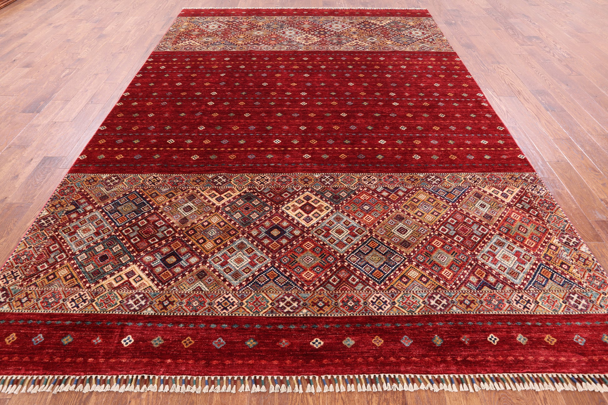 Red Khorjin Persian Gabbeh Hand Knotted Wool Rug - 8' 3" X 11' 7" - Golden Nile