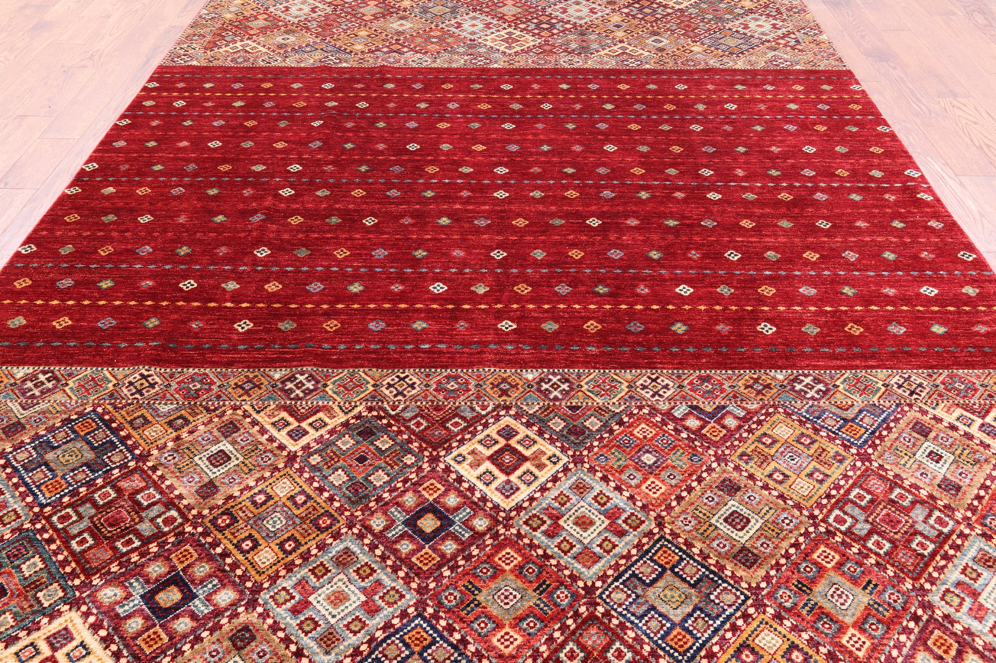 Red Khorjin Persian Gabbeh Hand Knotted Wool Rug - 8' 3" X 11' 7" - Golden Nile