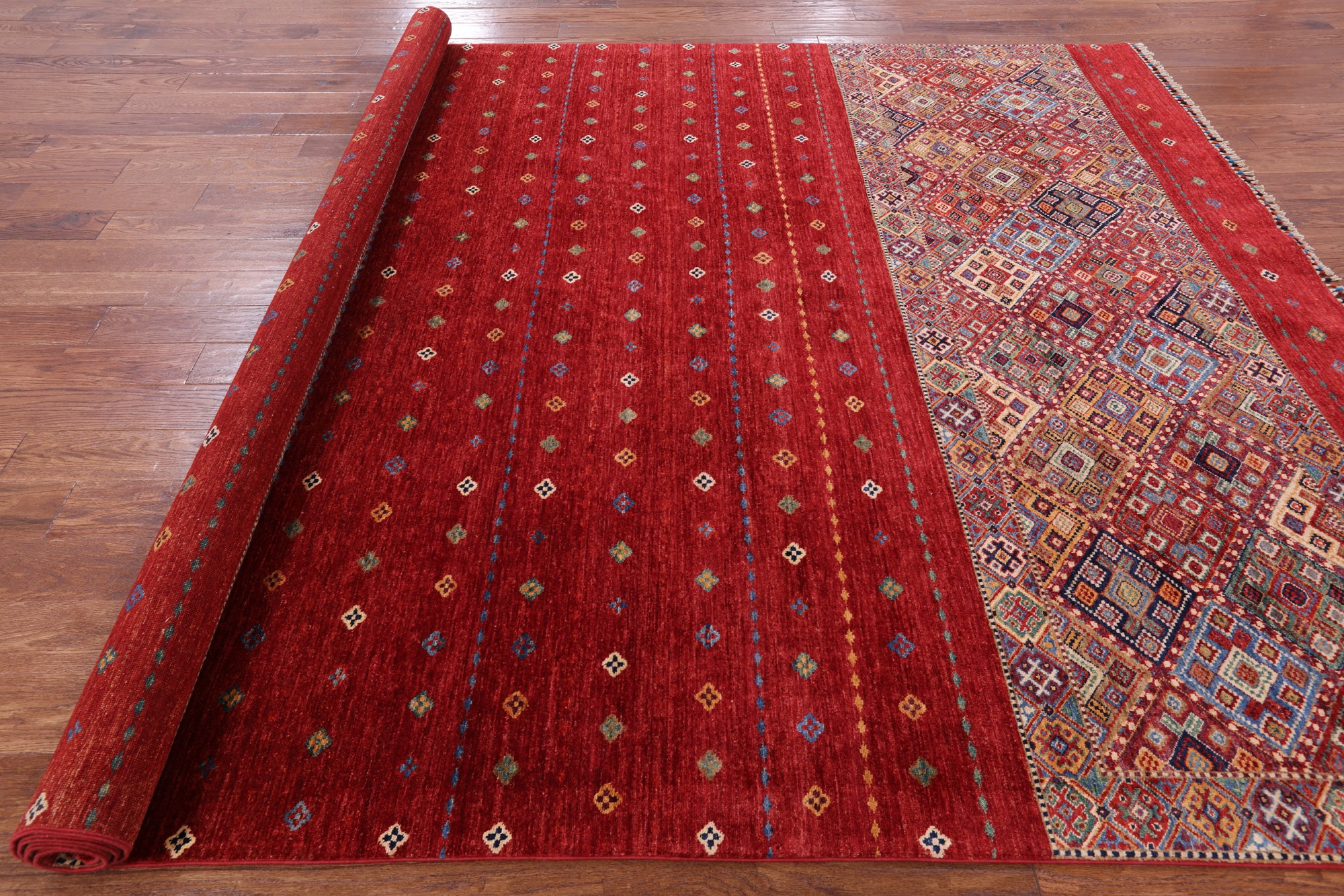 Red Khorjin Persian Gabbeh Handmade Wool Rug - 8' 3" X 11' 4" - Golden Nile