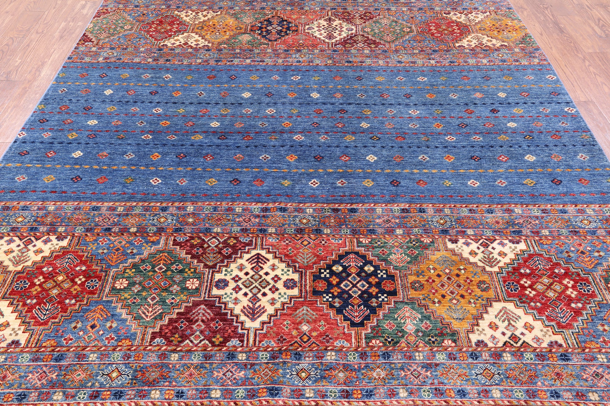Blue Khorjin Persian Gabbeh Hand Knotted Wool Area Rug - 8' 0" X 9' 7" - Golden Nile