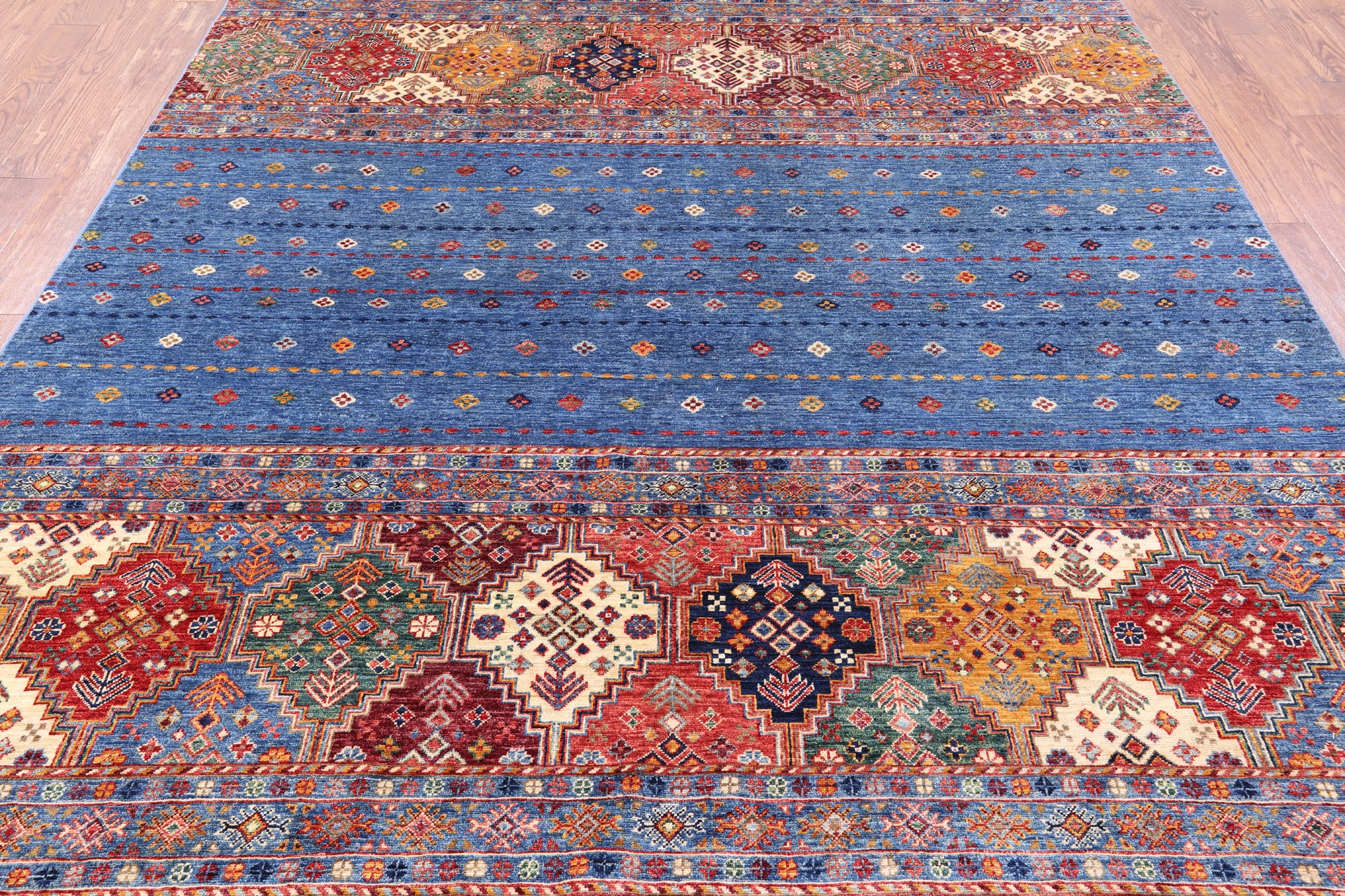 Blue Khorjin Persian Gabbeh Hand Knotted Wool Area Rug - 8' 0" X 9' 7" - Golden Nile