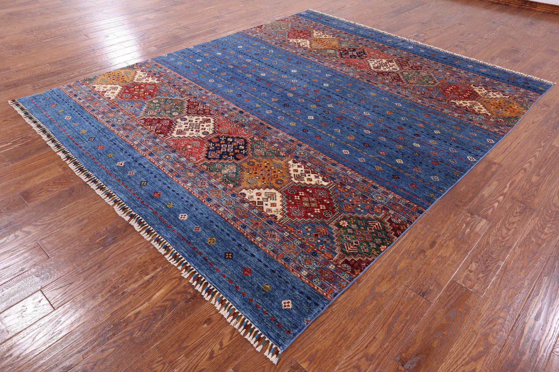 Blue Khorjin Persian Gabbeh Hand Knotted Wool Area Rug - 8' 0" X 9' 7" - Golden Nile
