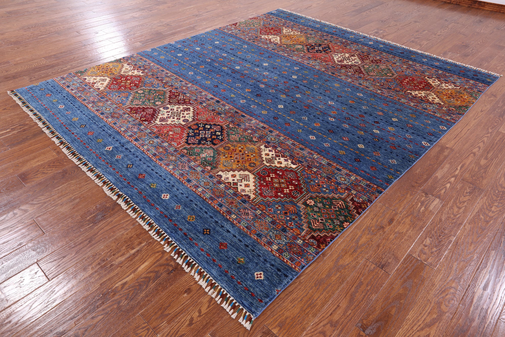 Blue Khorjin Persian Gabbeh Hand Knotted Wool Area Rug - 8' 0" X 9' 7" - Golden Nile