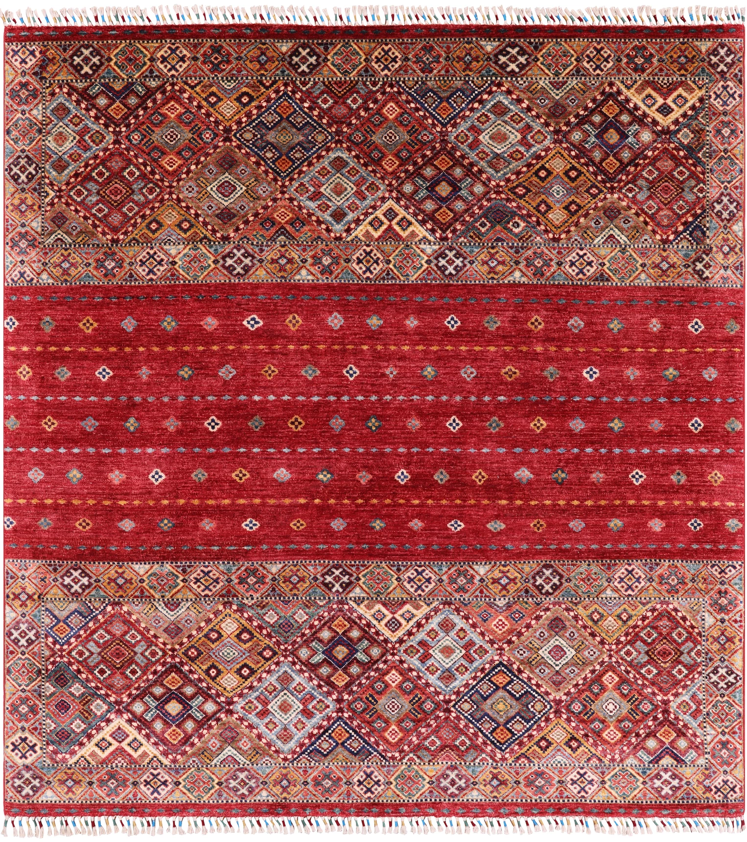 Red Khorjin Persian Gabbeh Hand Knotted Wool Rug - 6' 4" X 6' 11" - Golden Nile