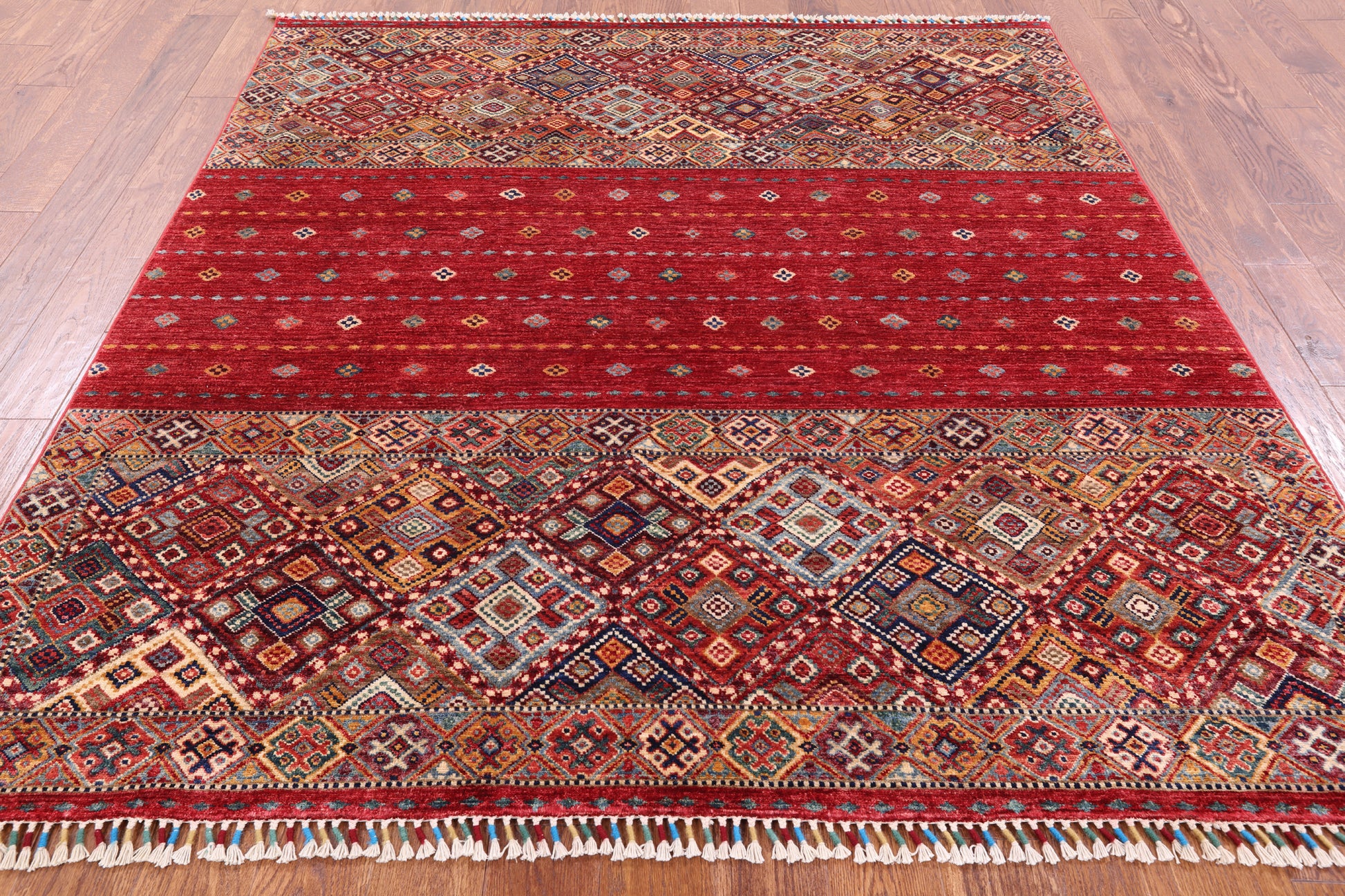 Red Khorjin Persian Gabbeh Hand Knotted Wool Rug - 6' 4" X 6' 11" - Golden Nile
