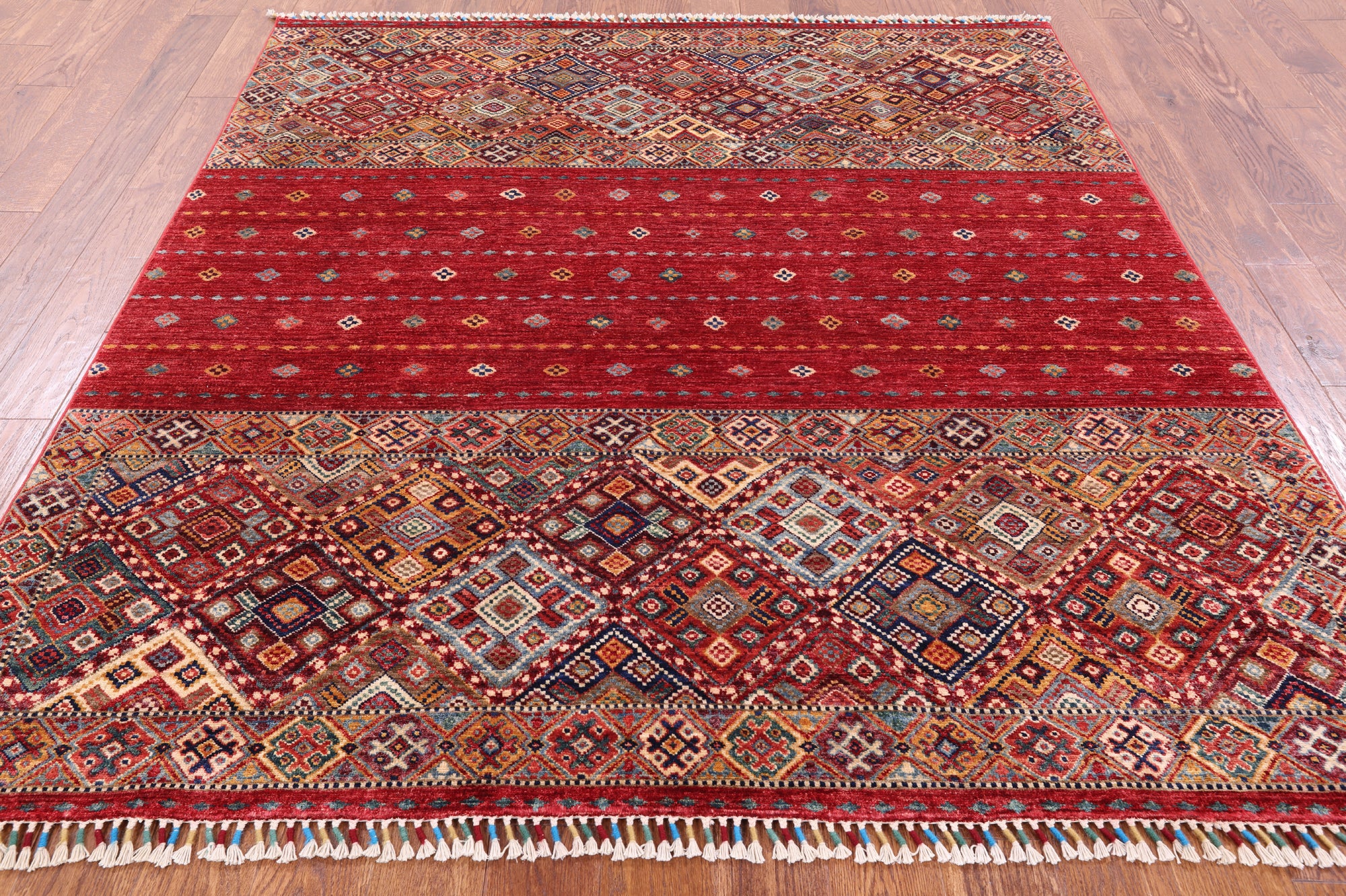 Red Khorjin Persian Gabbeh Hand Knotted Wool Rug - 6' 4" X 6' 11" - Golden Nile