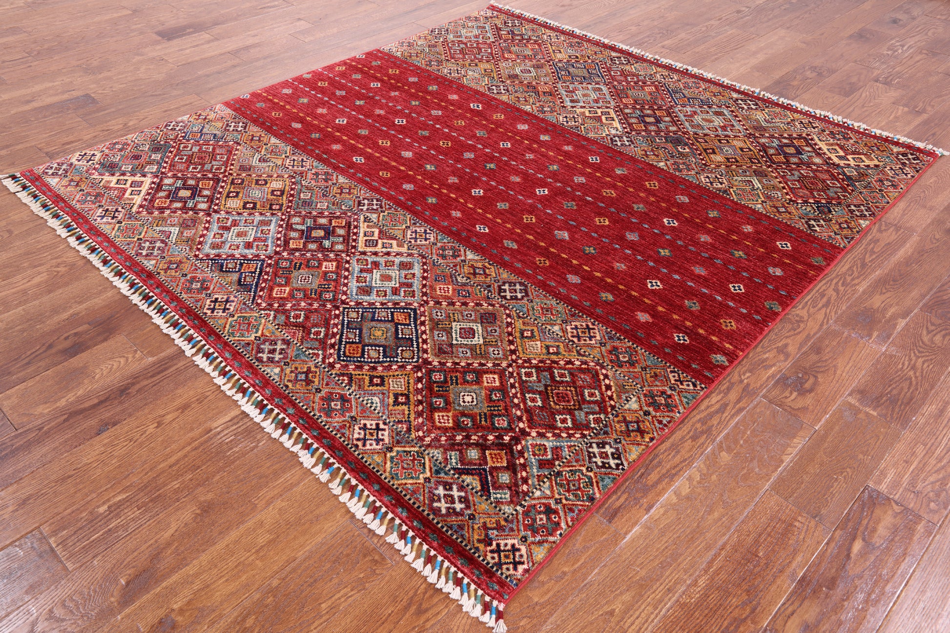 Red Khorjin Persian Gabbeh Hand Knotted Wool Rug - 6' 4" X 6' 11" - Golden Nile