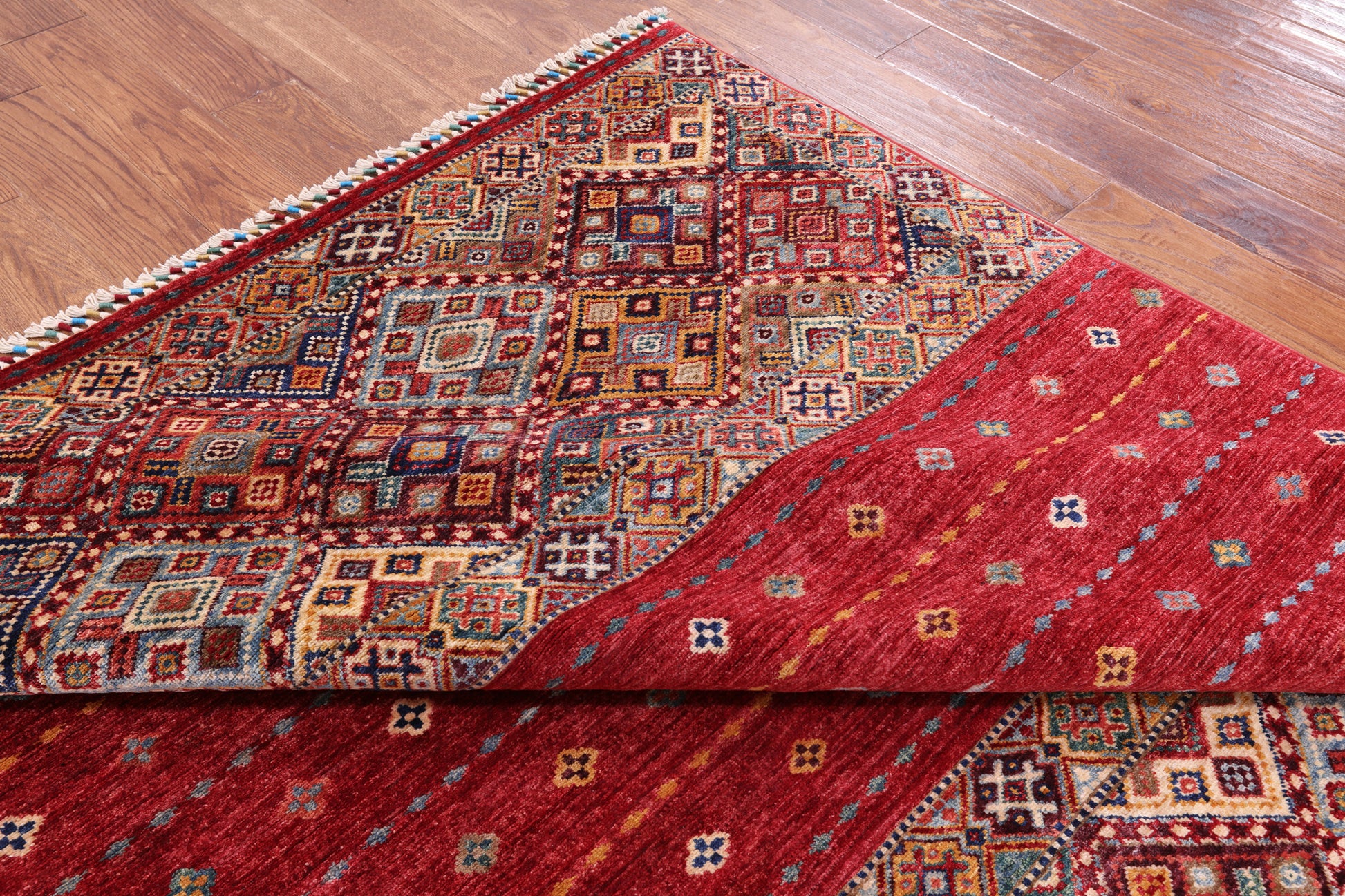 Red Khorjin Persian Gabbeh Hand Knotted Wool Rug - 6' 4" X 6' 11" - Golden Nile