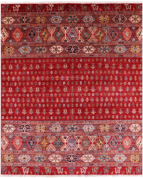 Red Persian Tribal Gabbeh Hand Knotted Wool Area Rug - 8' 3" X 9' 10" - Golden Nile