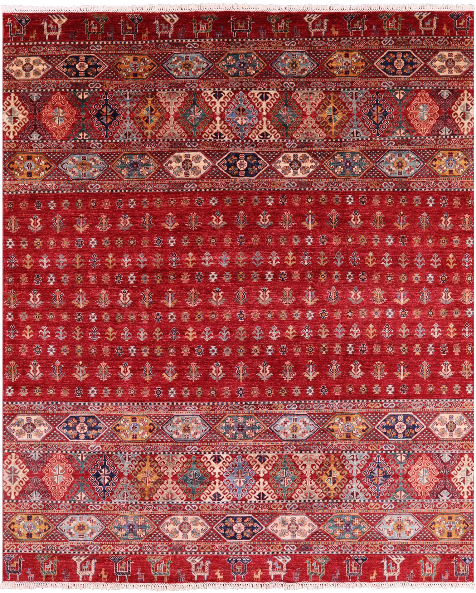 Red Persian Tribal Gabbeh Hand Knotted Wool Area Rug - 8' 3" X 9' 10" - Golden Nile