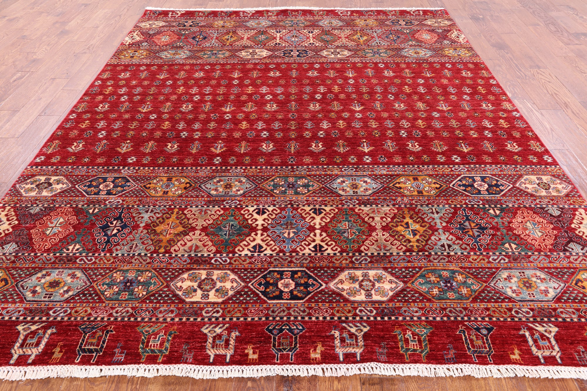 Red Persian Tribal Gabbeh Hand Knotted Wool Area Rug - 8' 3" X 9' 10" - Golden Nile