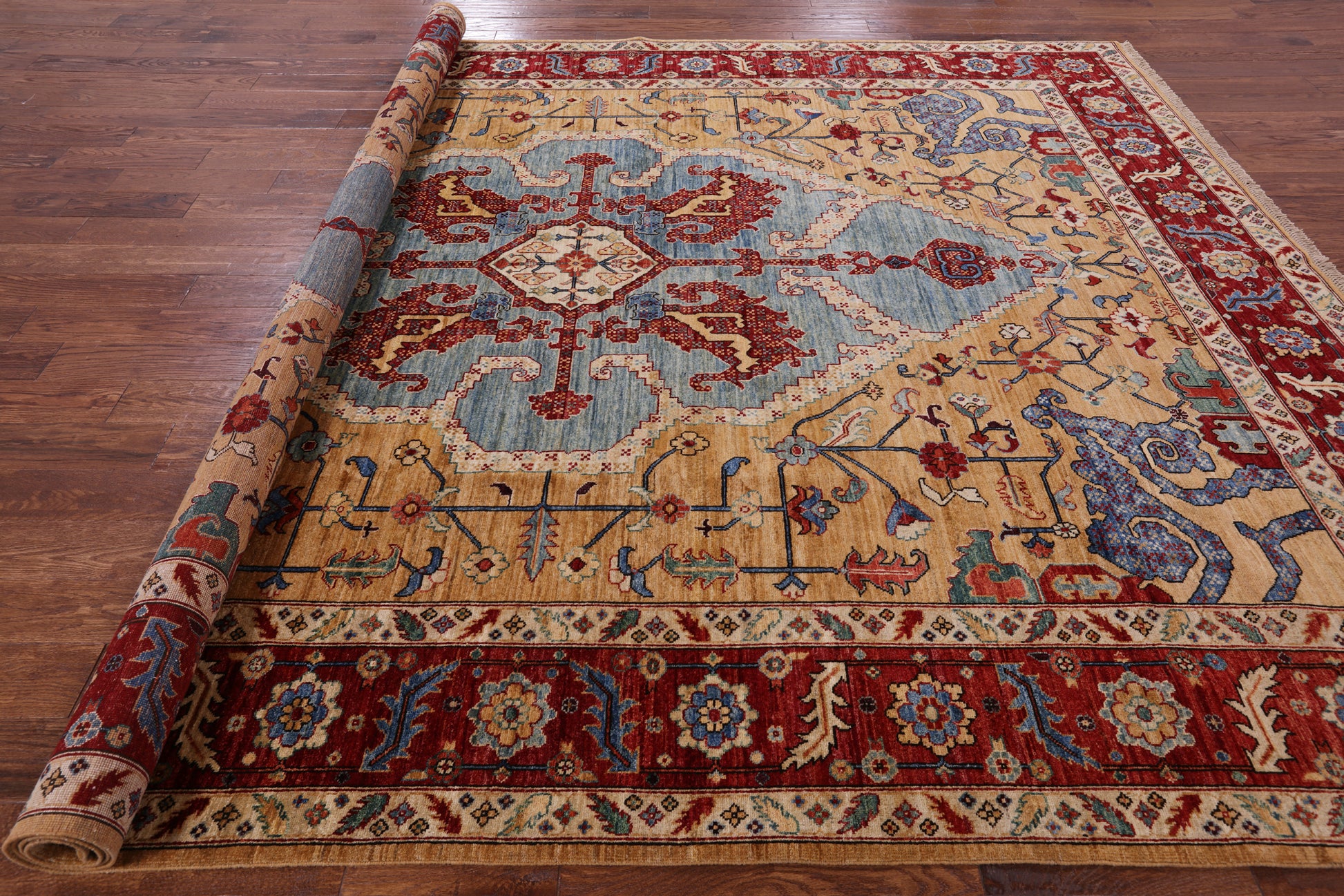 Blue Persian Fine Serapi Hand Knotted Wool Area Rug - 9' 2" X 11' 10" - Golden Nile