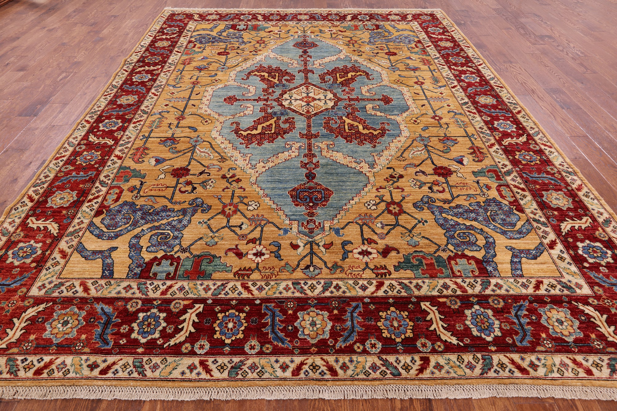 Blue Persian Fine Serapi Hand Knotted Wool Area Rug - 9' 2" X 11' 10" - Golden Nile