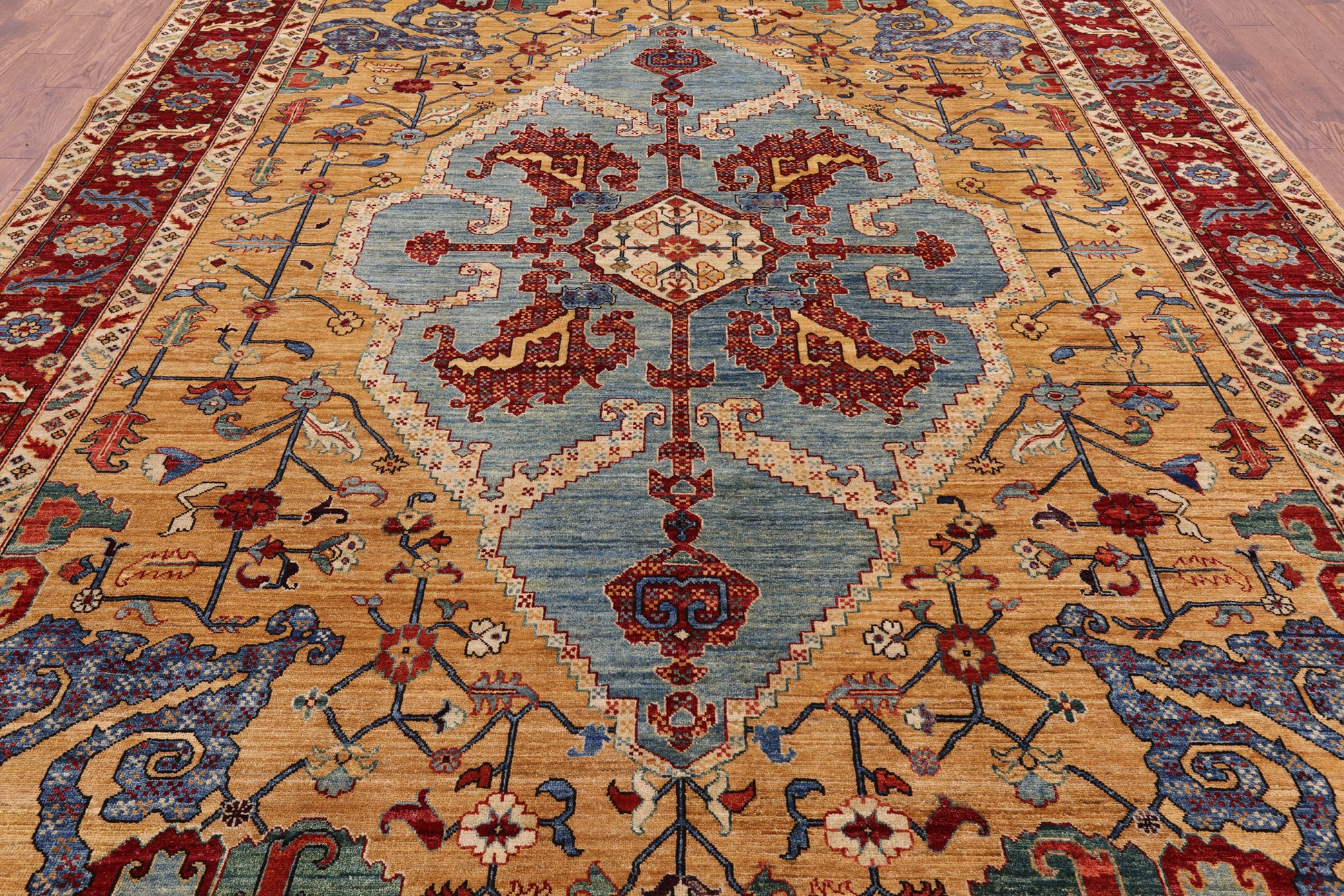 Blue Persian Fine Serapi Hand Knotted Wool Area Rug - 9' 2" X 11' 10" - Golden Nile