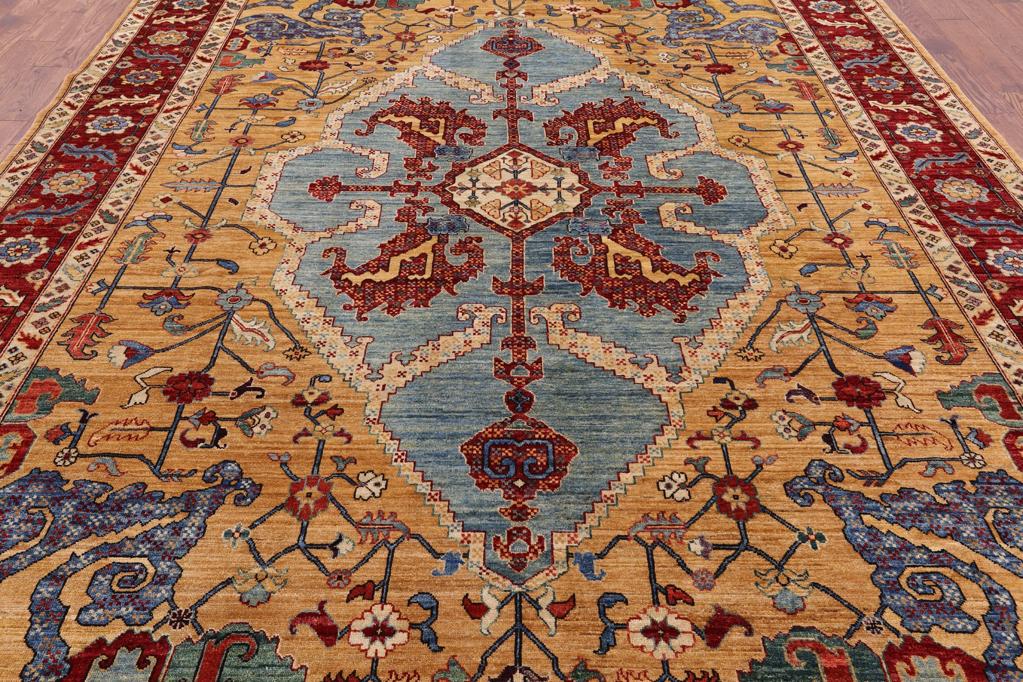 Blue Persian Fine Serapi Hand Knotted Wool Area Rug - 9' 2" X 11' 10" - Golden Nile