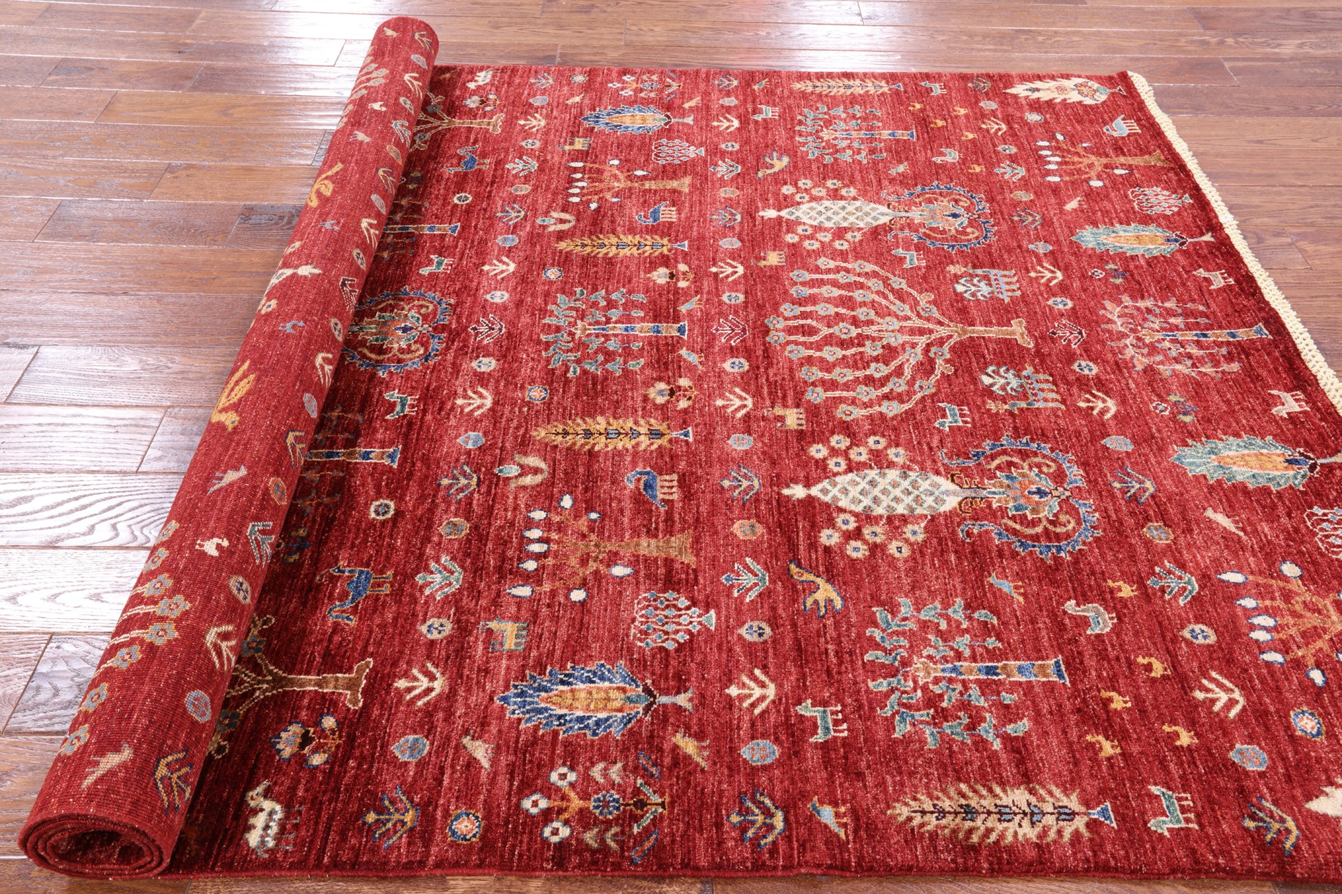 Red Tribal Gabbeh Hand Knotted Wool Area Rug - 5' 7" X 7' 9" - Golden Nile