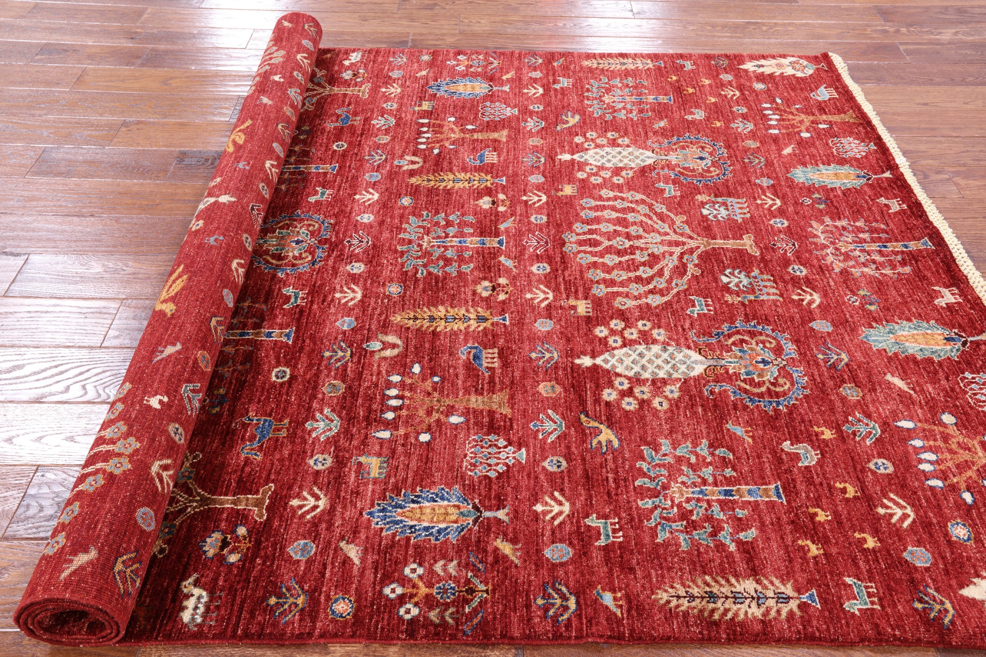 Red Tribal Gabbeh Hand Knotted Wool Area Rug - 5' 7" X 7' 9" - Golden Nile