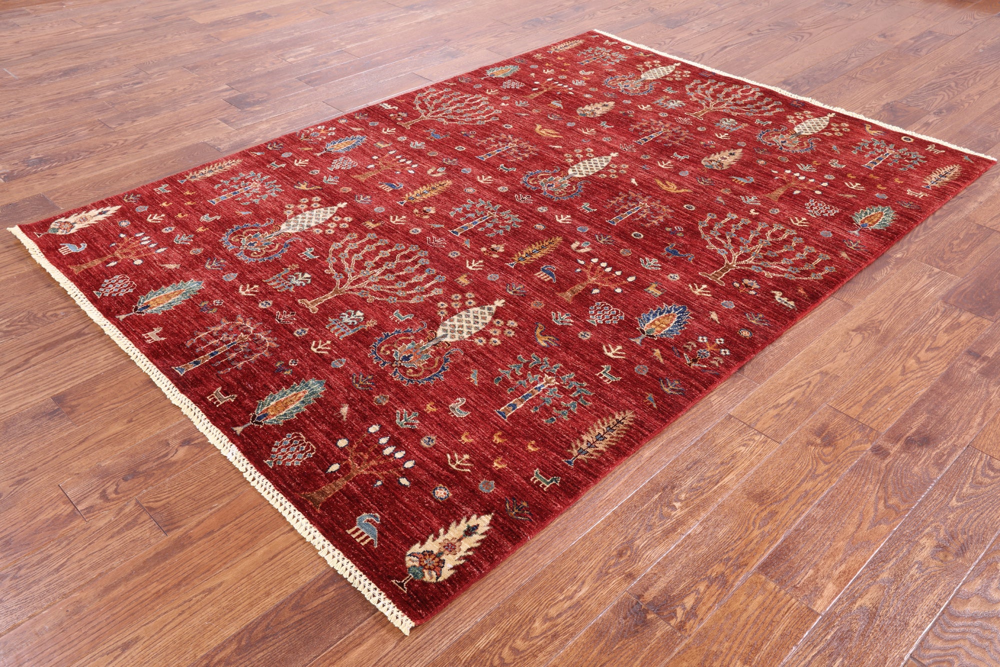 Red Tribal Gabbeh Hand Knotted Wool Area Rug - 5' 7" X 7' 9" - Golden Nile