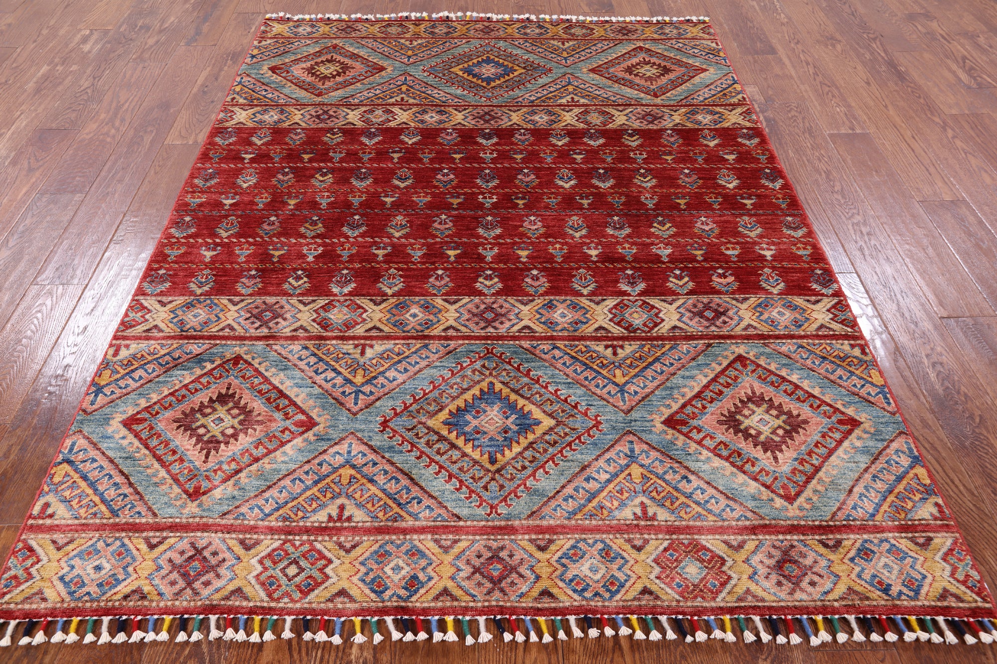 Red Khorjin Persian Gabbeh Hand Knotted Wool Area Rug - 5' 3" X 6' 10" - Golden Nile