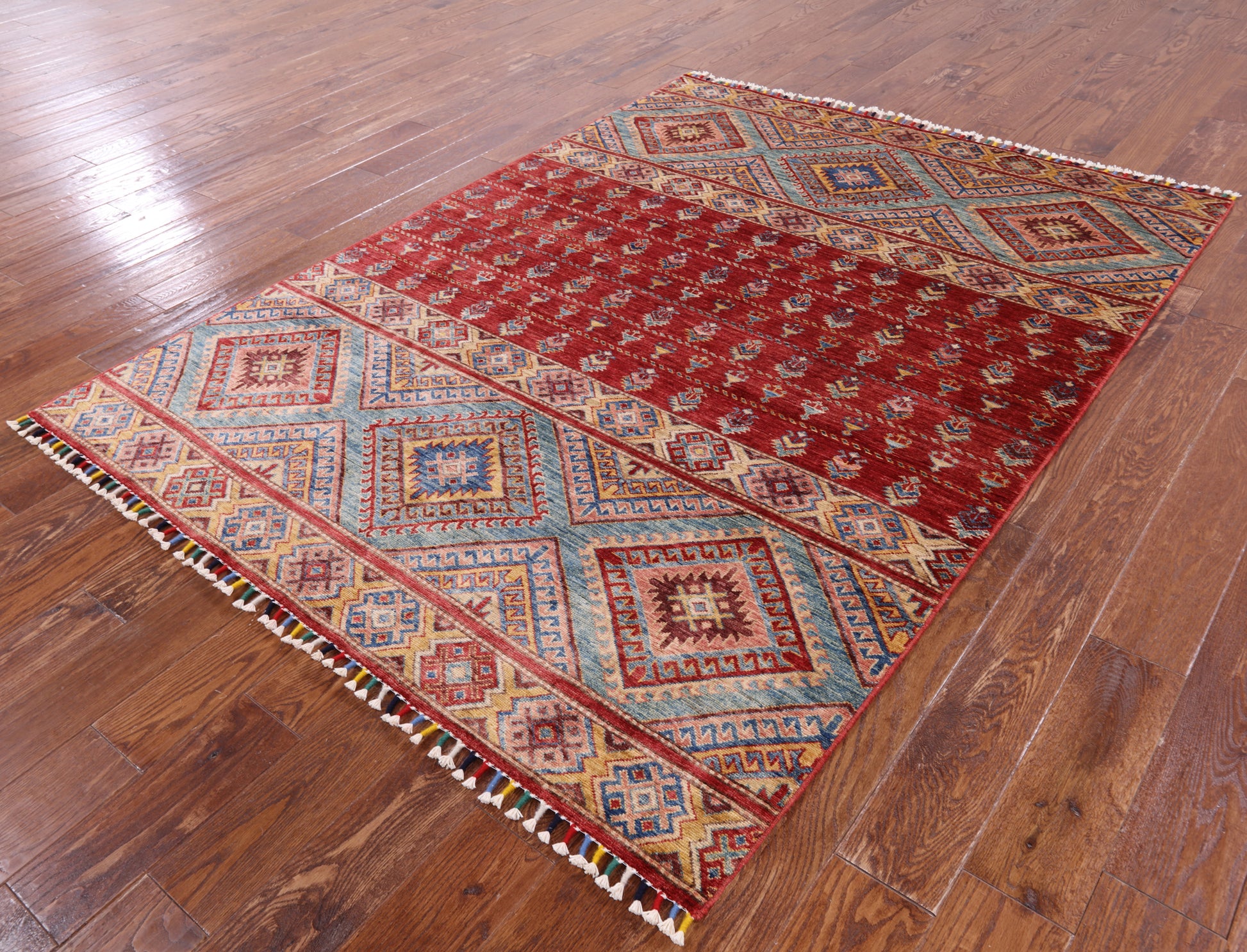 Red Khorjin Persian Gabbeh Hand Knotted Wool Area Rug - 5' 3" X 6' 10" - Golden Nile