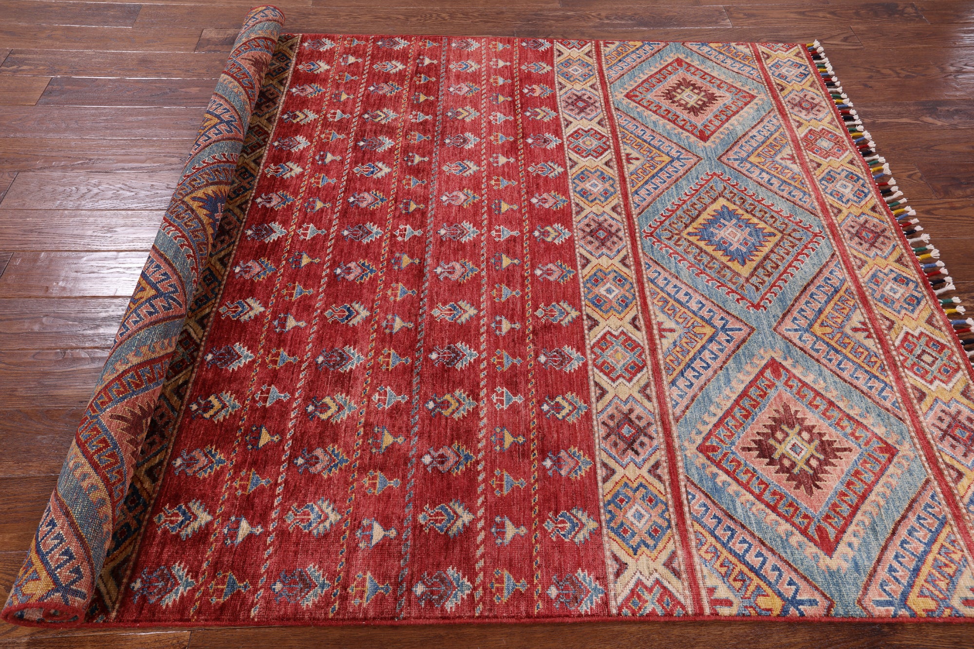 Red Khorjin Persian Gabbeh Hand Knotted Wool Area Rug - 5' 3" X 6' 10" - Golden Nile