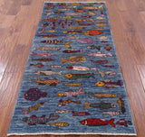 Fish Design Persian Gabbeh Hand Knotted Wool Runner Rug - 2' 9" X 5' 5" - Golden Nile