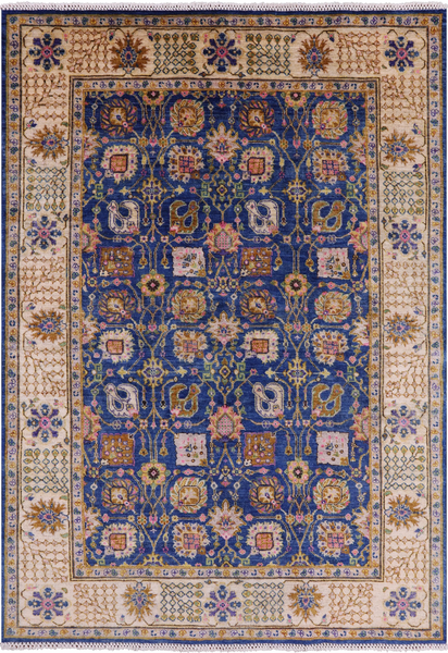 Blue Peshawar Hand Knotted Wool Area Rug - 5' 9" X 8' 2" - Golden Nile