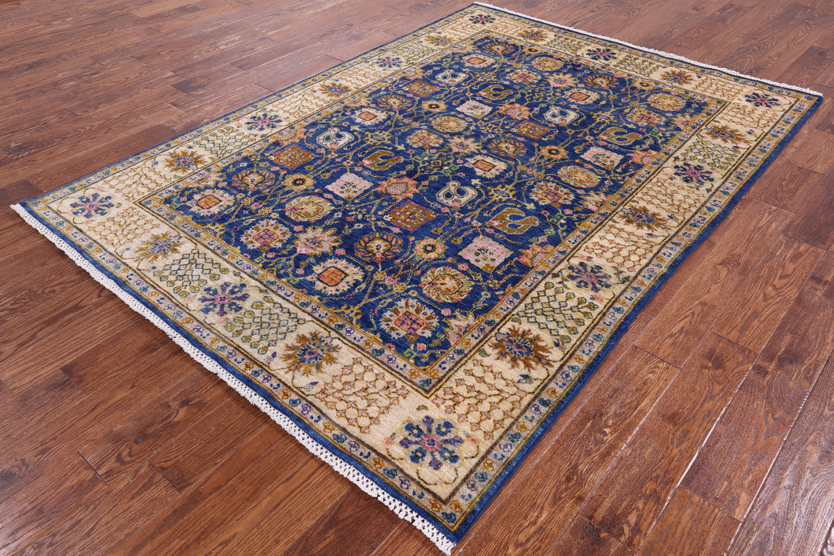 Blue Peshawar Hand Knotted Wool Area Rug - 5' 9" X 8' 2" - Golden Nile