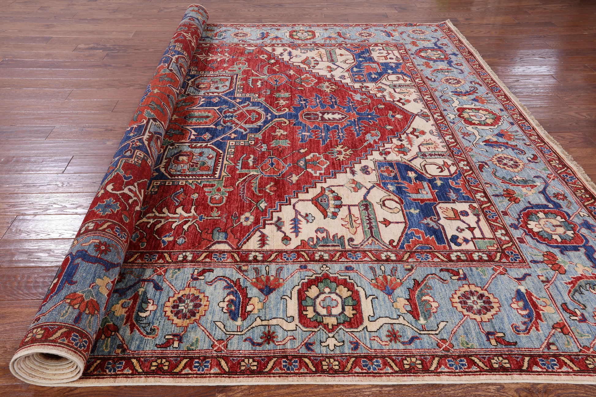 Red Persian Fine Serapi Hand Knotted Wool Area Rug - 8' 10" X 11' 10" - Golden Nile